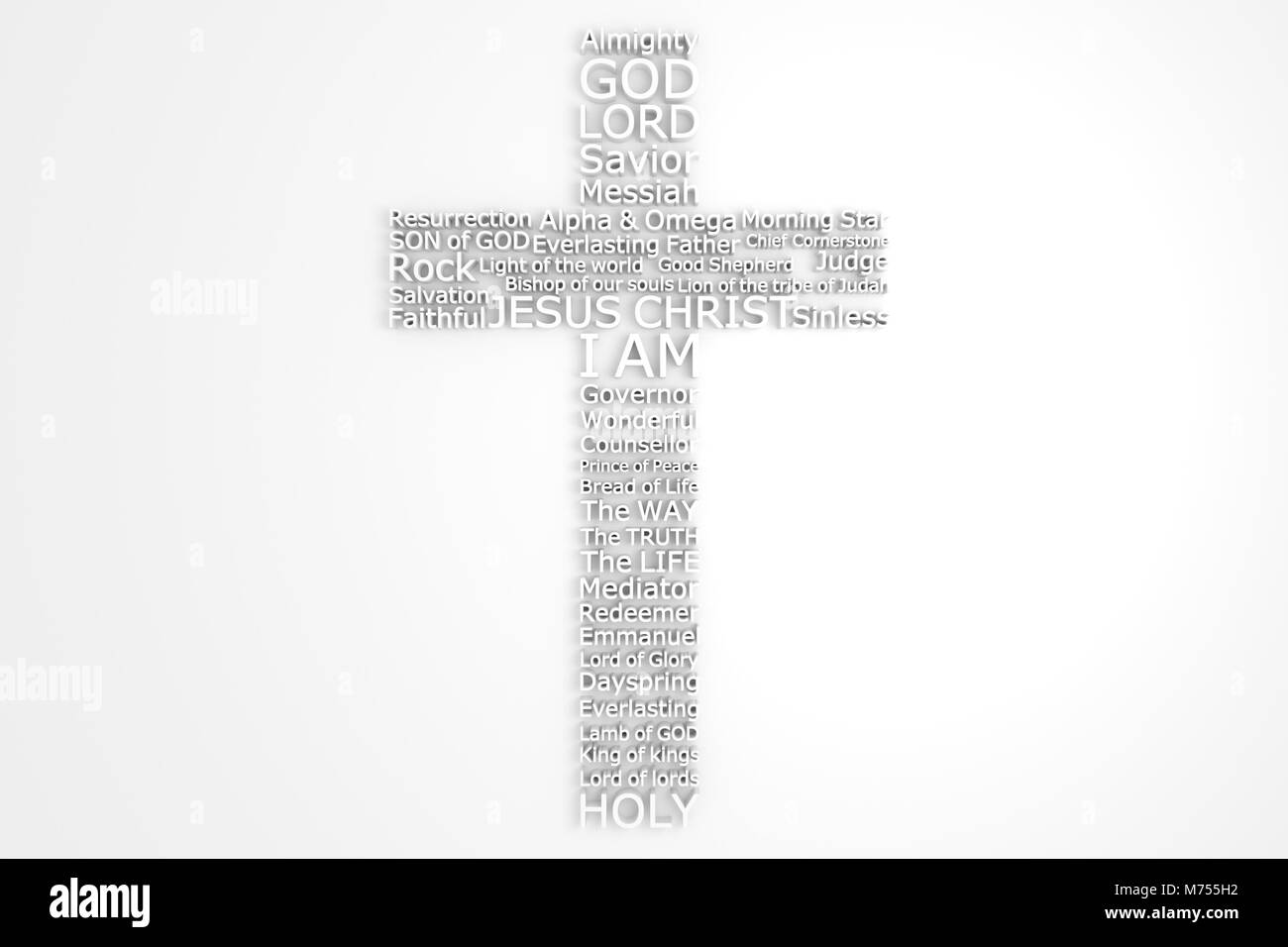 3D Cross Made Composed of The Many Biblical Names of JESUS CHRIST - Top View Stock Photo