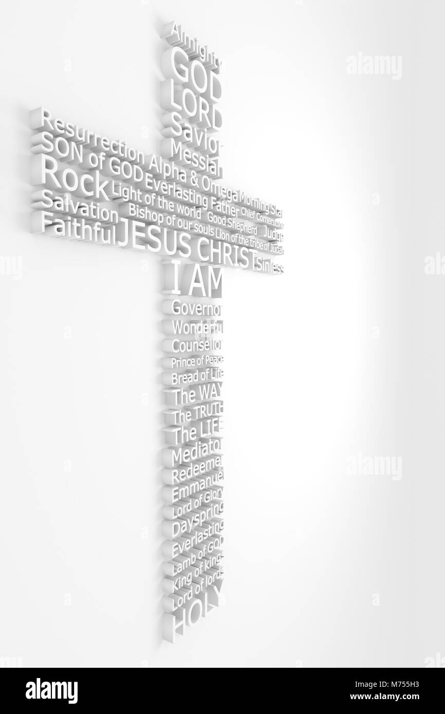 3D Cross Made Composed of The Many Biblical Names of JESUS CHRIST Stock Photo
