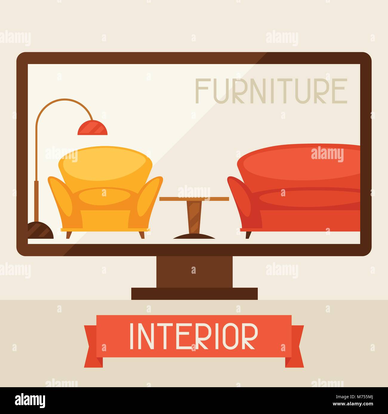 Illustration with computer and furniture in retro style Stock Vector