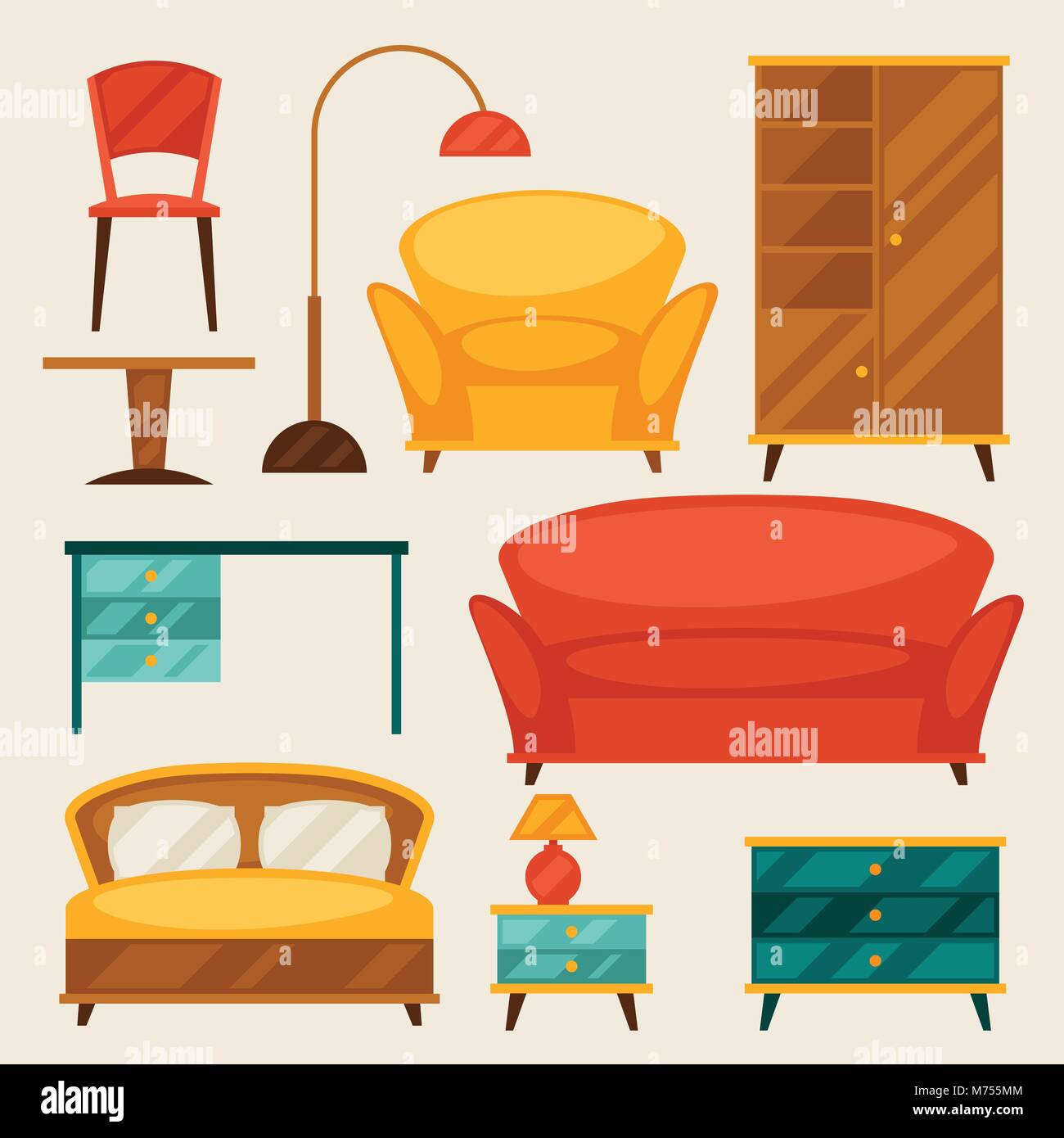 Interior icon set with furniture in retro style Stock Vector Image ...