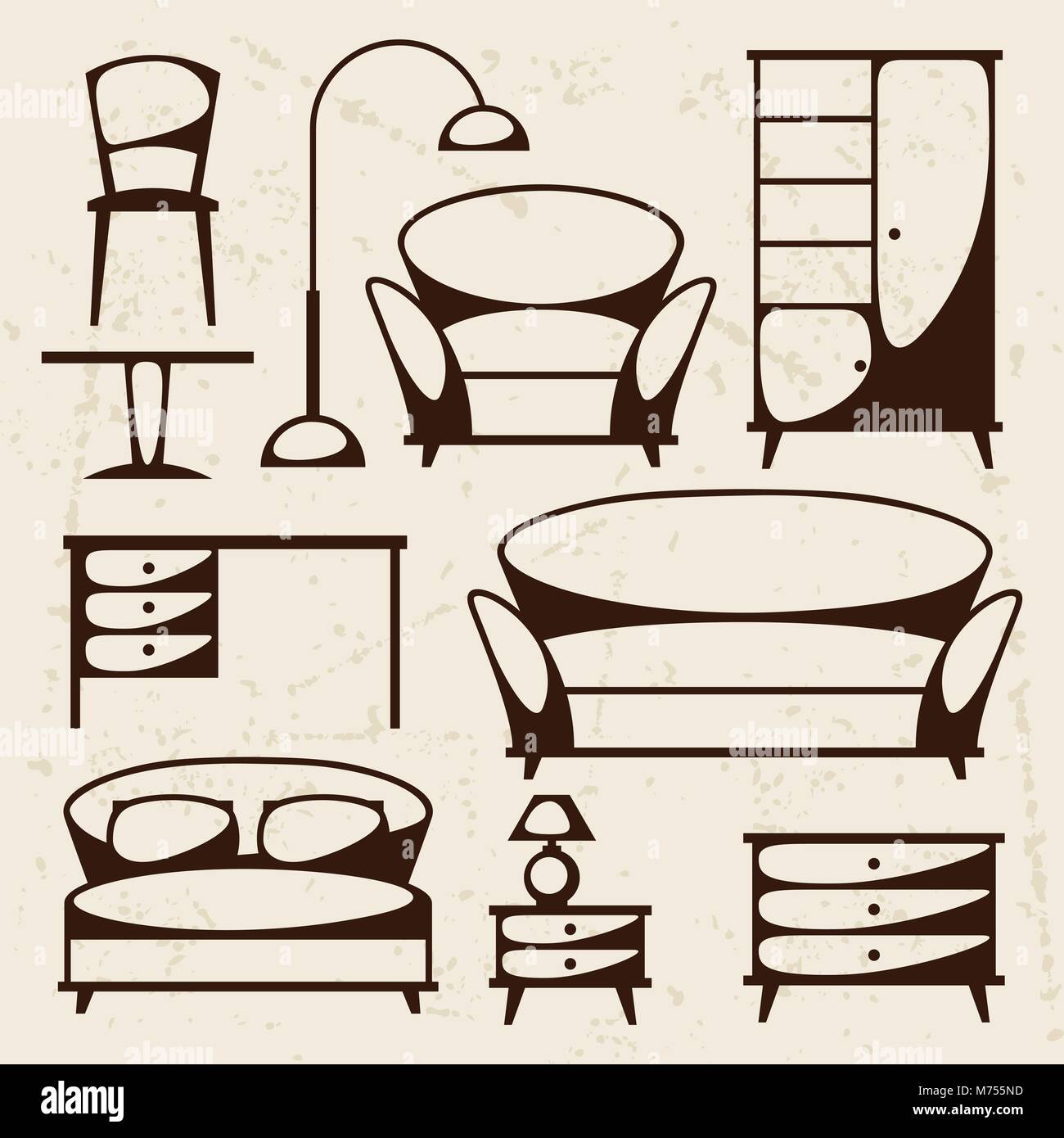 Interior icon set with furniture in retro style Stock Vector Image ...