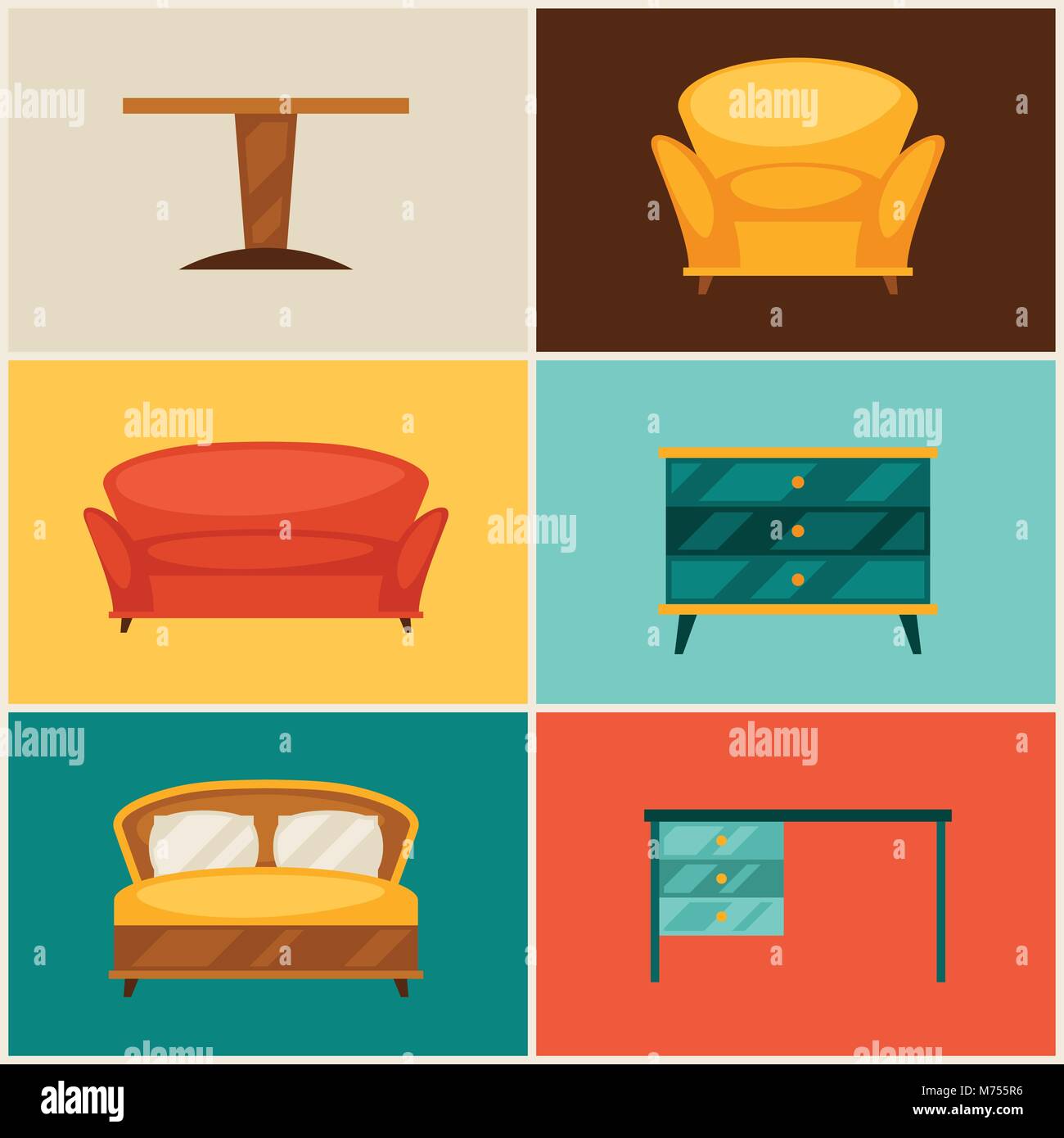 Interior icon set with furniture in retro style Stock Vector Image ...