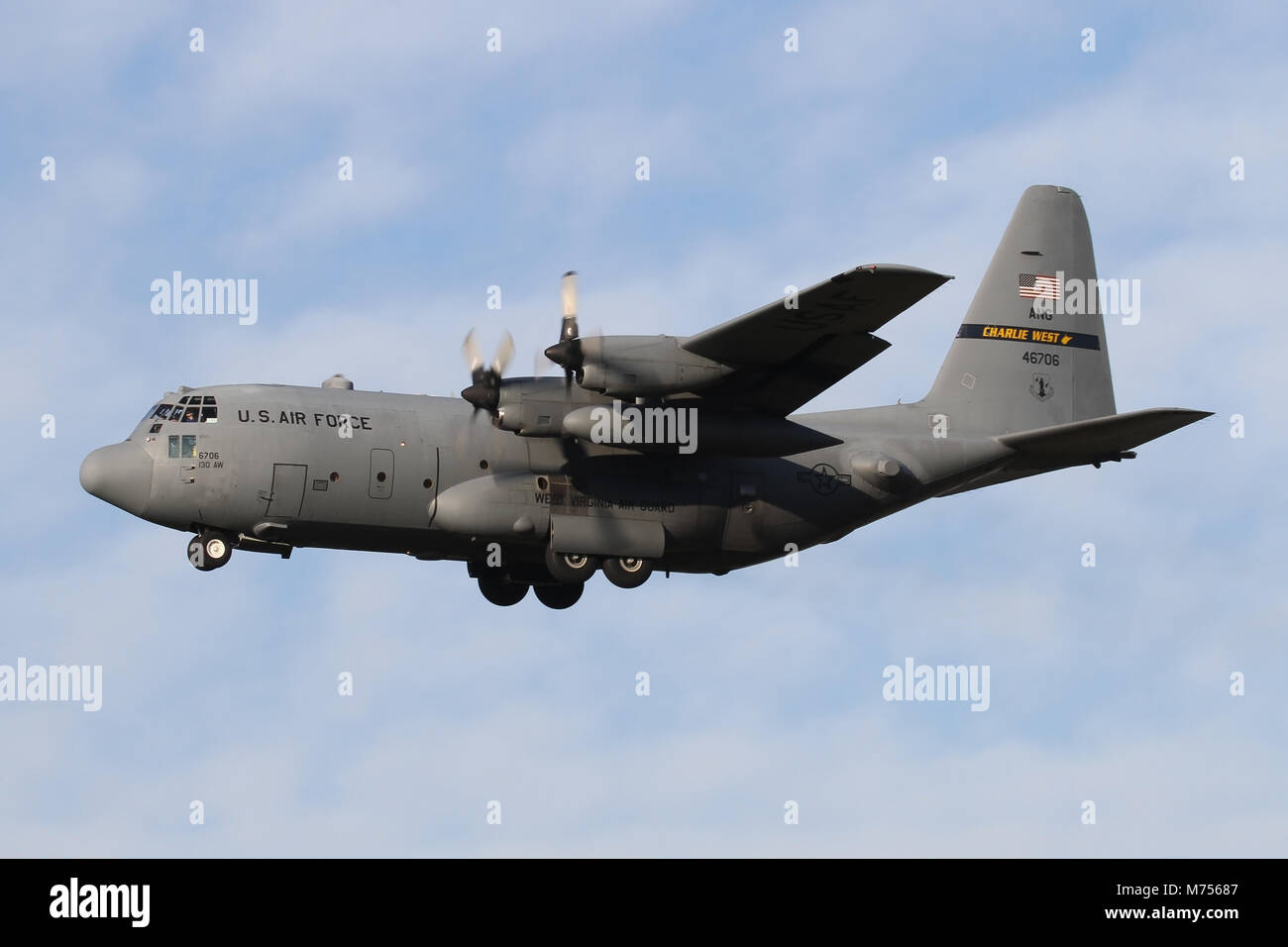 Lockheed C-130H from the 130th Airlift Wing of the West Virginian Air Nation Guard on approach into RAF Mildenhall. Stock Photo