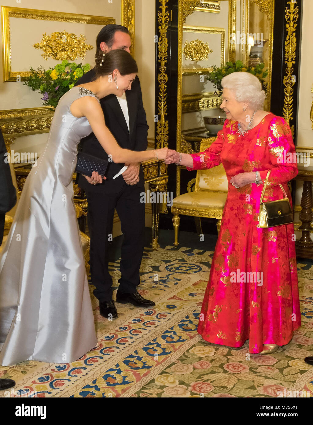 Queen Elizabeth II meets Princess Salwa Aga Khan in the White Drawing