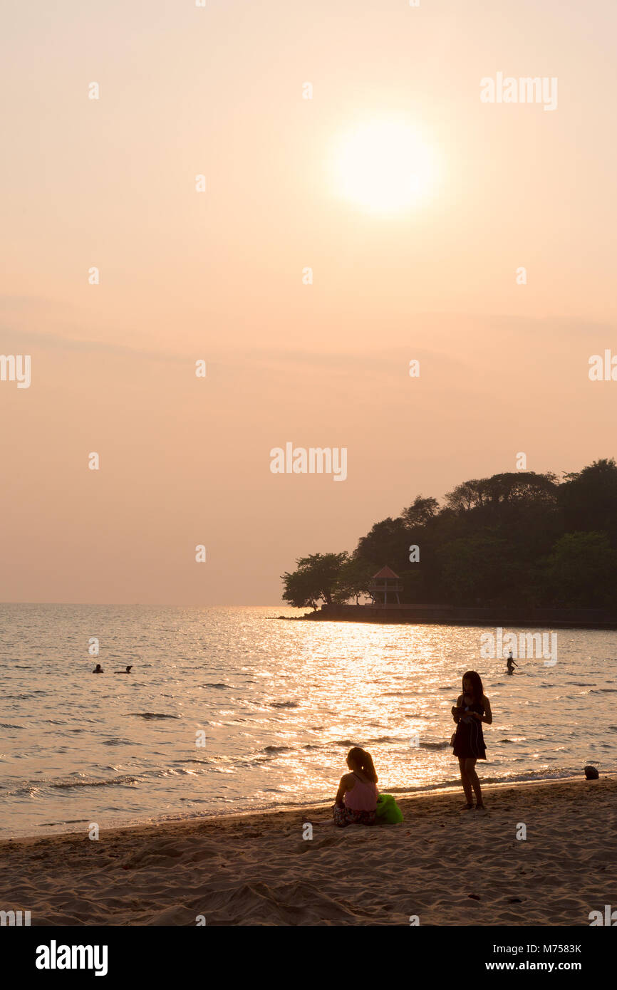 Cambodia beach near sunset - women on Kep Beach, Cambodia coast at Kep, Cambodia Asia Stock Photo