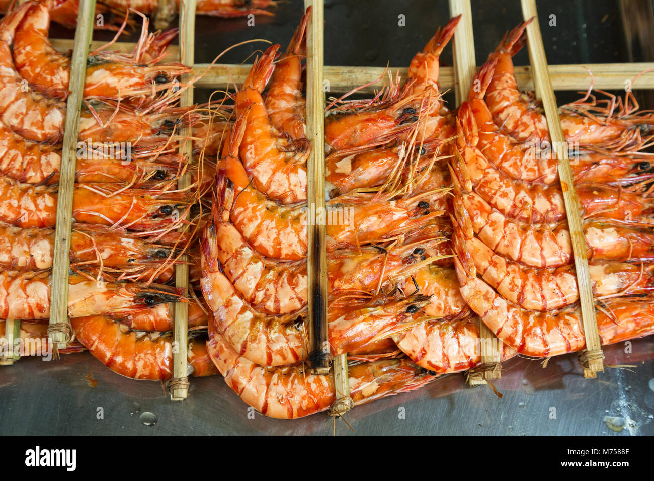 Kep crab market, - close up of grilled Prawns, or Shrimp, on sale in a market stall, Kep Crab Market, kep, Cambodia, Asia Stock Photo