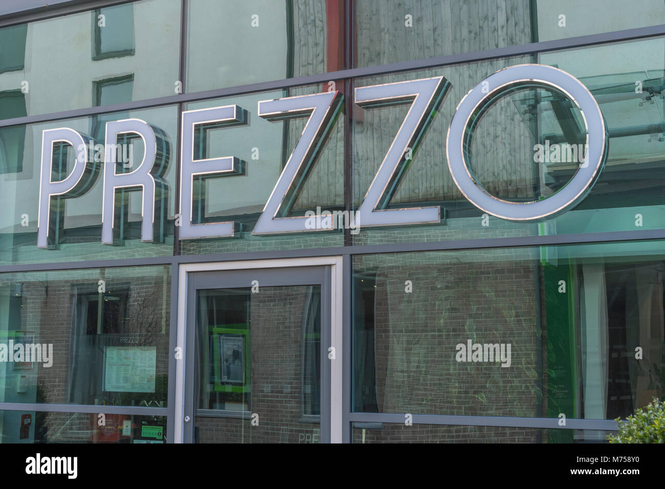 Front of Prezzo restaurant is St. Austell, Cornwall, soon after Prezzo announced it was having financial troubles. Casual dining sector crisis. Stock Photo