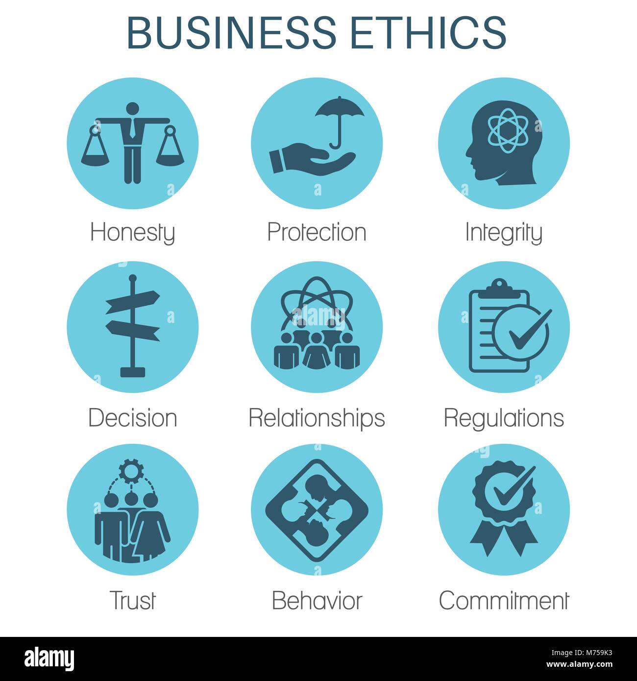Business Ethics Solid Icon Set with Honesty, Integrity, Commitment, & Decision Stock Vector