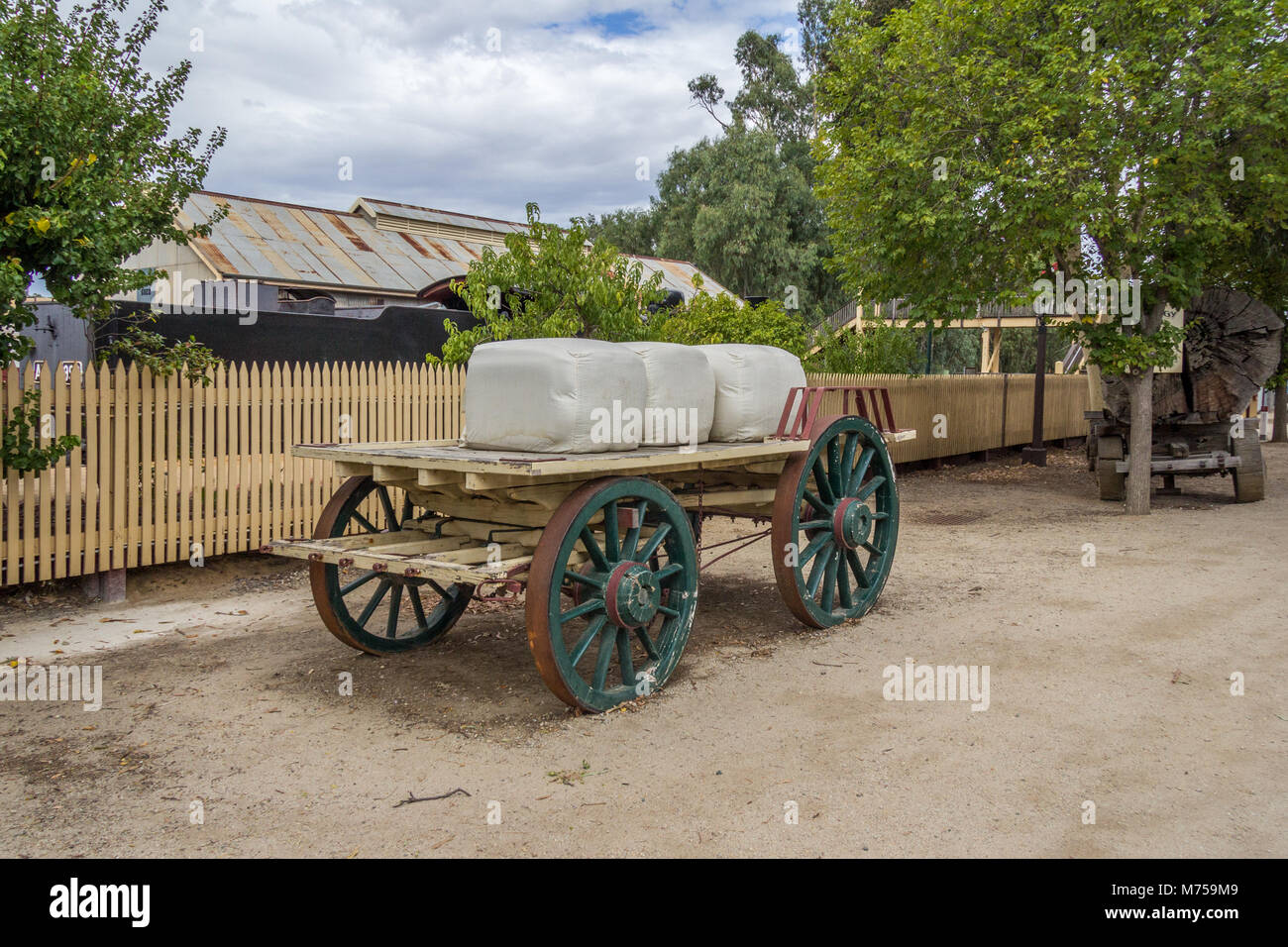 Old fashioned transport of wool on wooden wagon, Echuca, Victoria, Australia Stock Photo