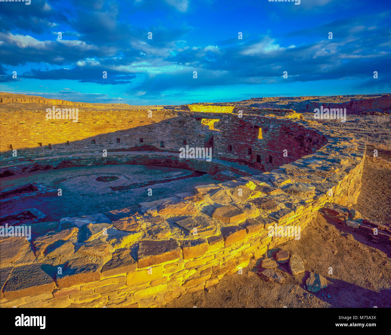 Morning clouds, Casa Rinconada Chaco Culture National Historic Park, New Mexico,  Ancient Anasazi Ruin Stock Photo