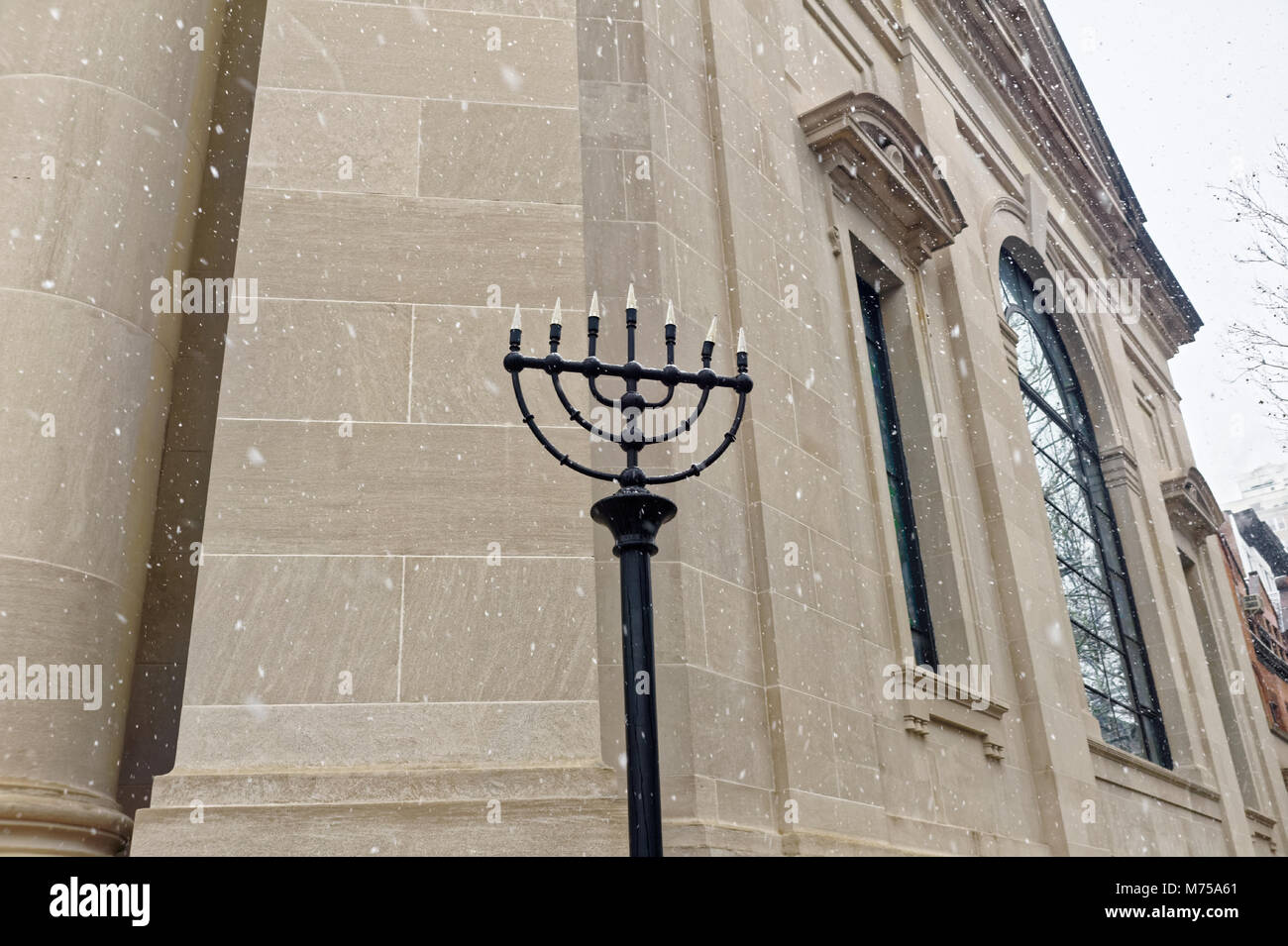 Menorah in front of the Beth Elohim synagogue in Brooklyn, New York. Stock Photo