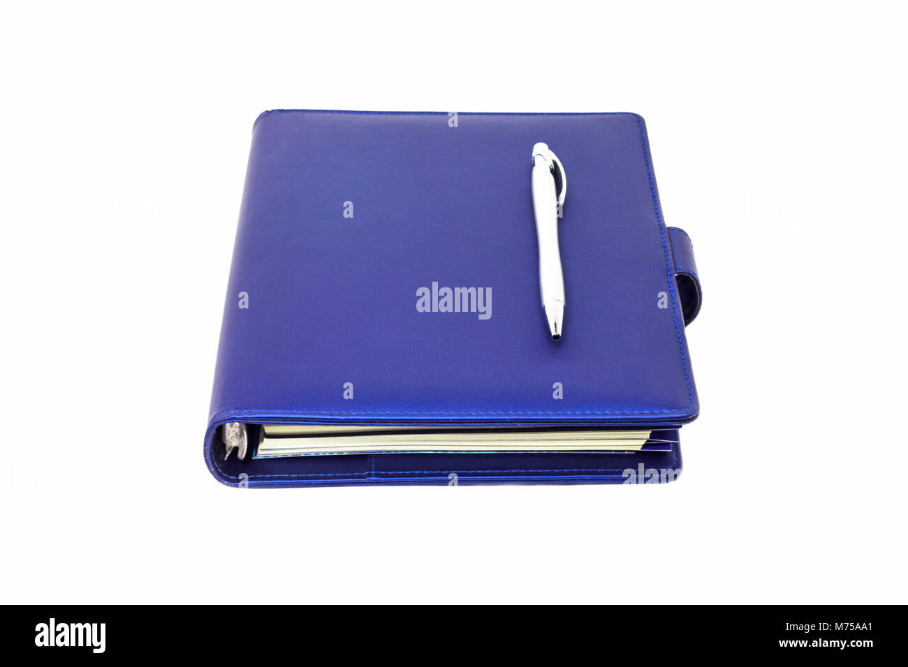 Blue collar diary and pen placed on cover and white background. Stock Photo