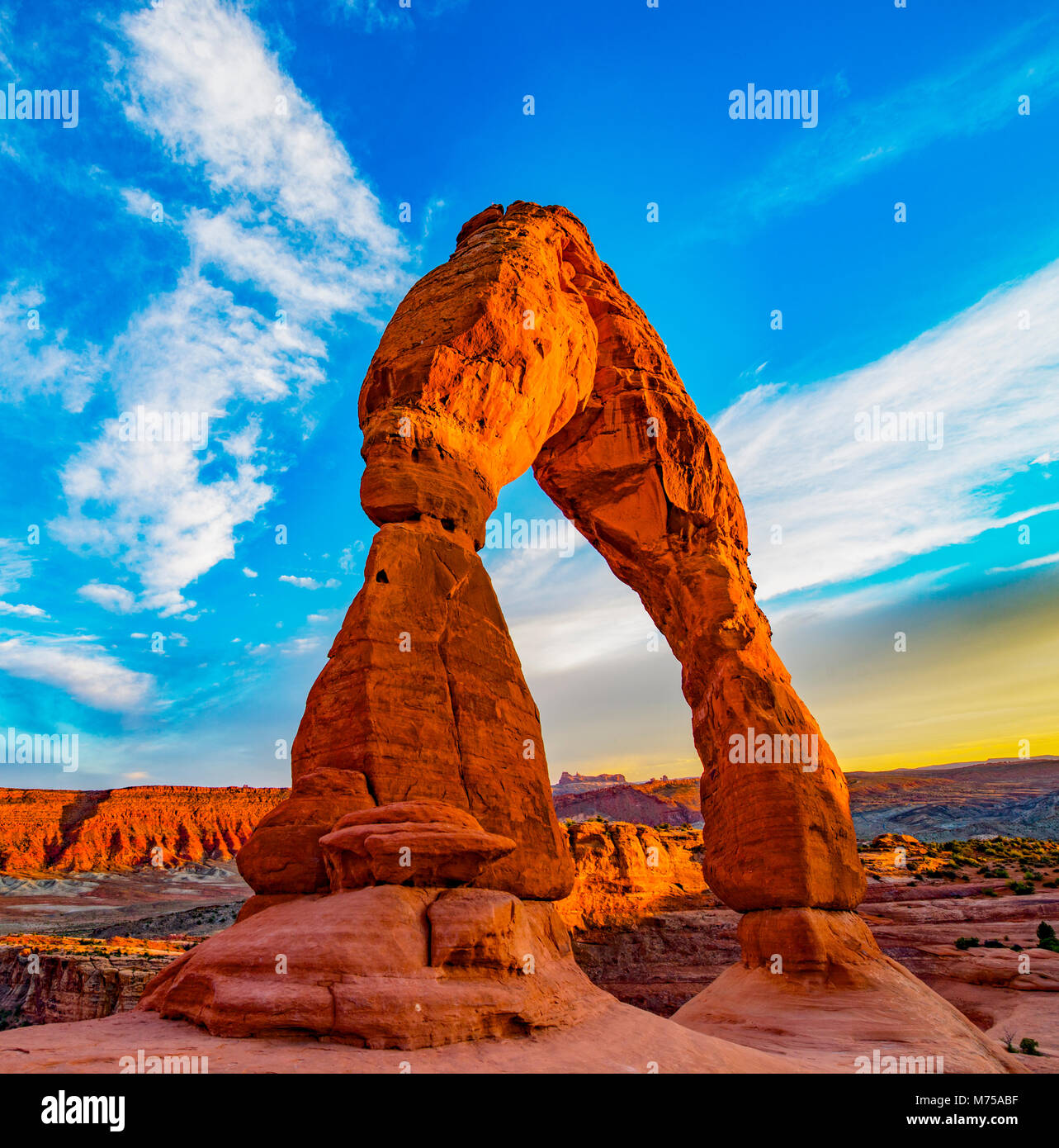 Delicate Arch and evening clouds, Arches National Park, Utah, Free-standing natural arch Stock Photo