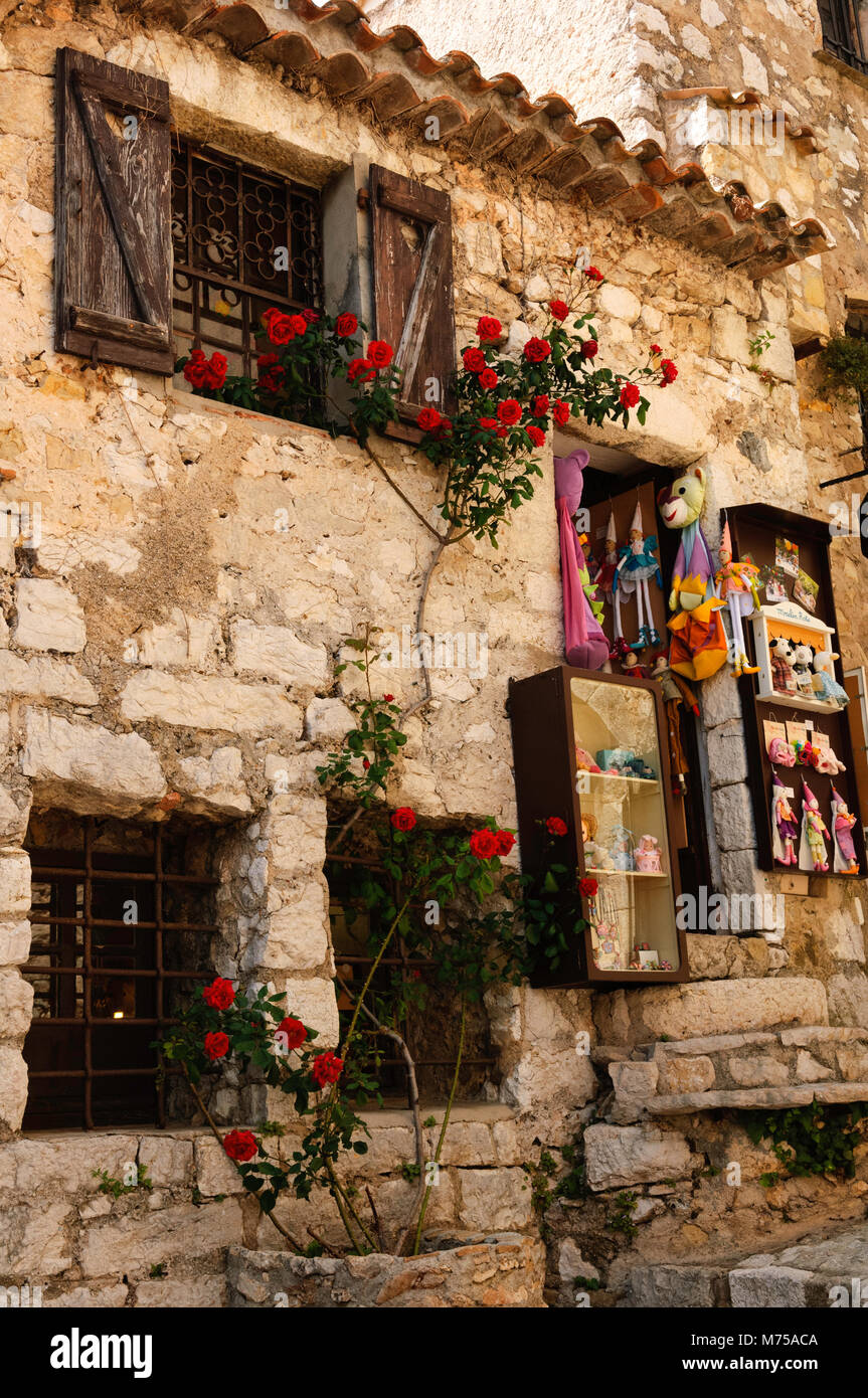 Eze old streets are very pretty and romantic , decorated with flowers Stock Photo