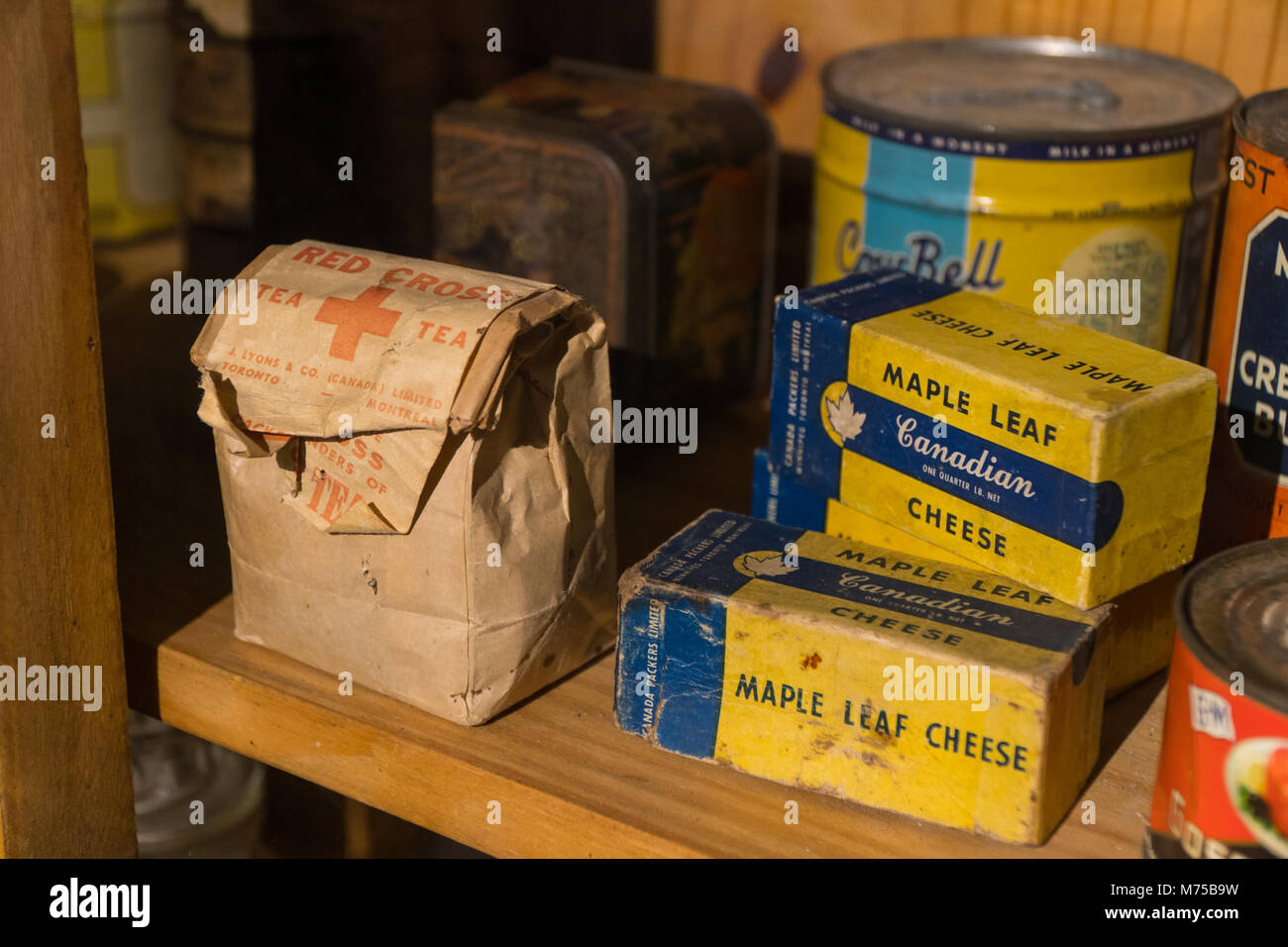 Red Cross relief food items that would have been delivered to Jersey during the German Occupation.On display at the Jersey War Tunnels Stock Photo