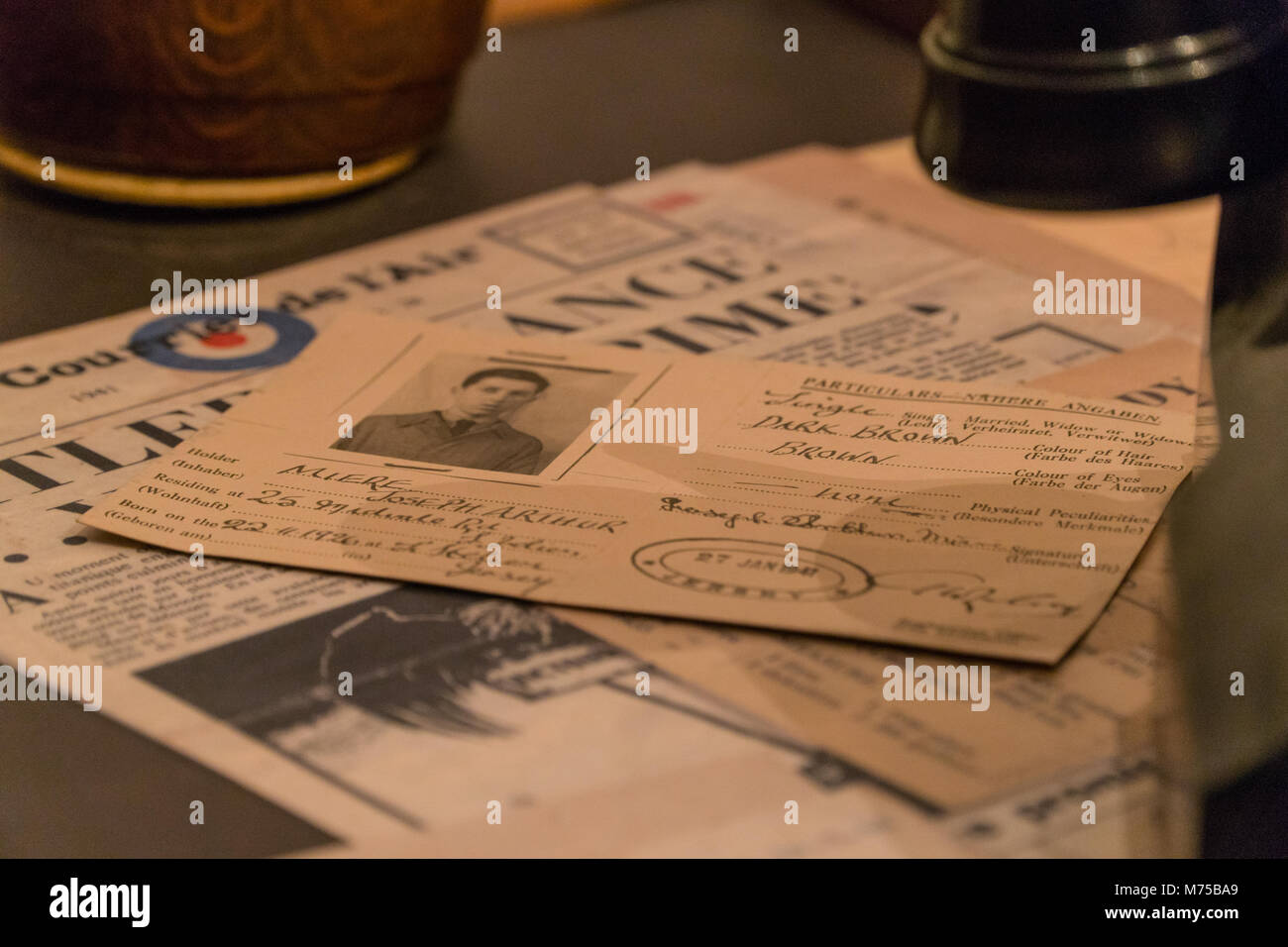 Jersey Occupation personal identity card on display at War Tunnells,Jersey,Channel Islands Stock Photo