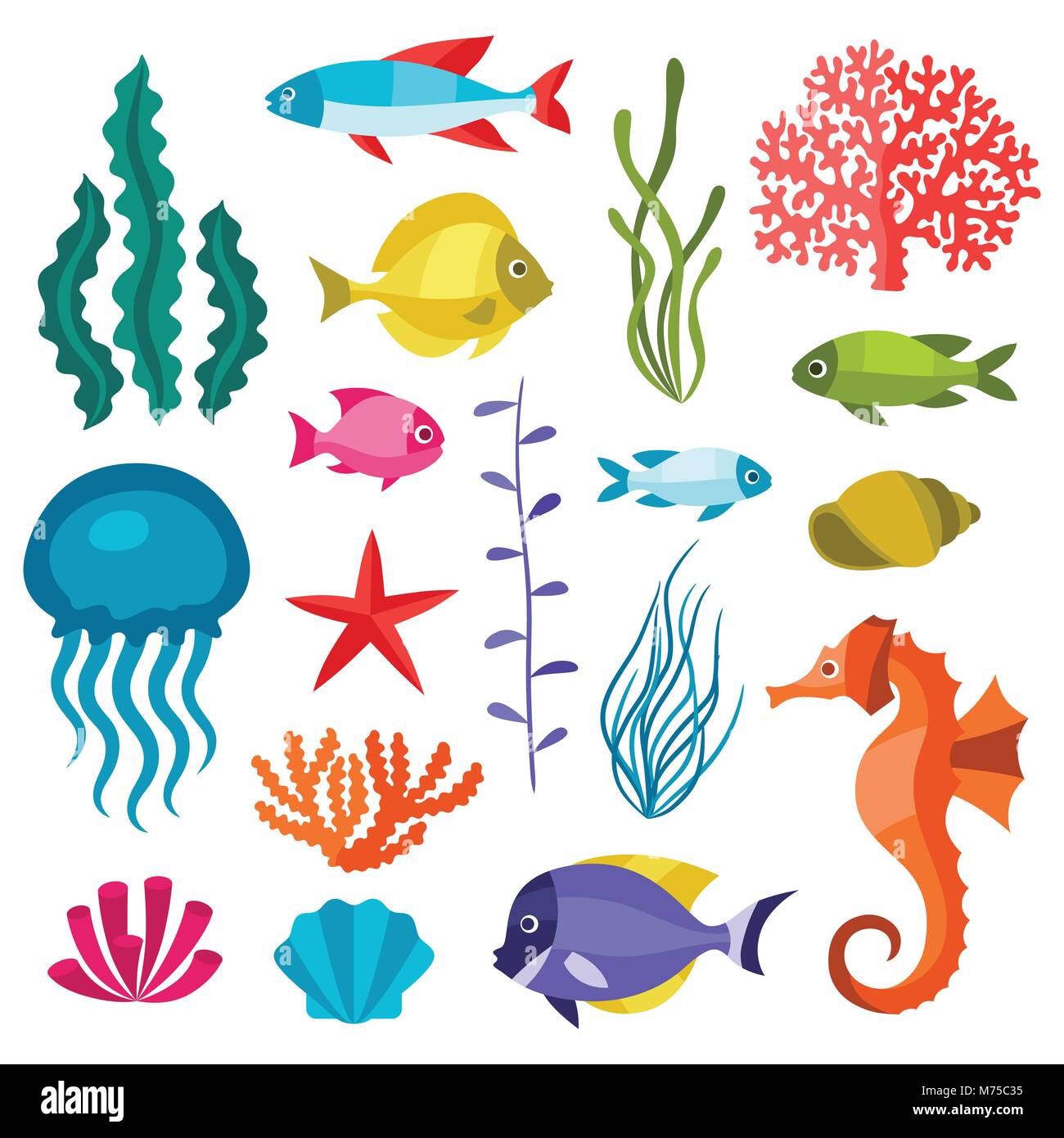 Marine Life Set Of Icons, Objects And Sea Animals Stock Vector Image 