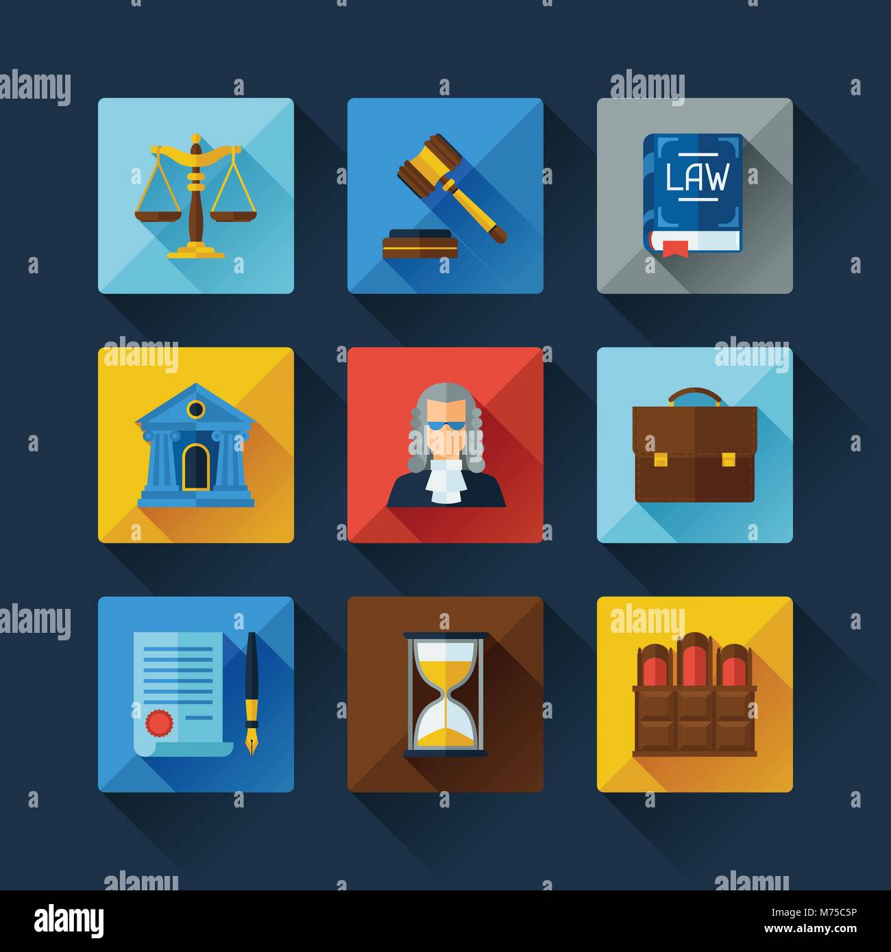 Law icons set in flat design style Stock Vector