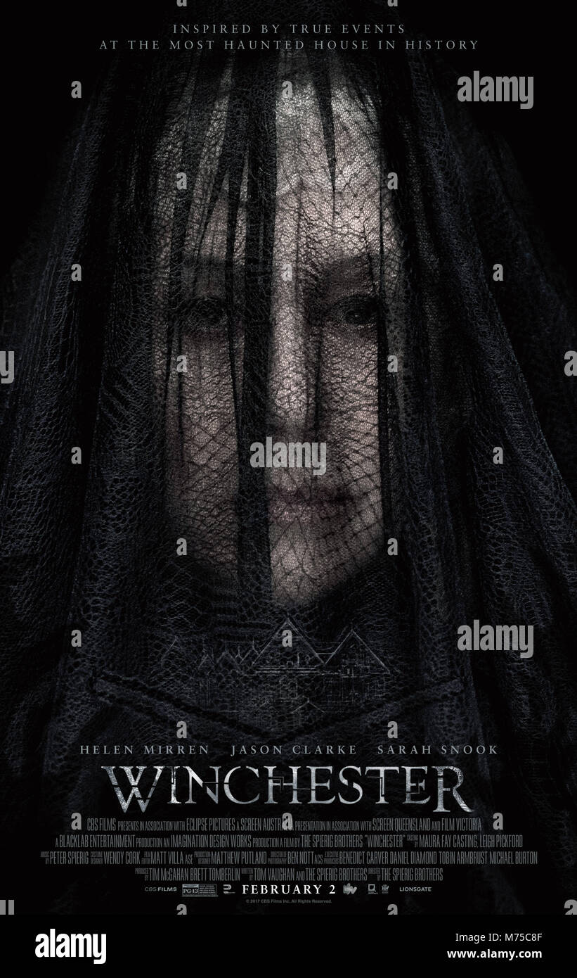 RELEASE DATE: February 2, 2018 TITLE: Winchester STUDIO: CBS Films DIRECTOR: Michael Spierig PLOT: Eccentric firearm heiress believes she is haunted by the souls of people killed by the Winchester repeating rifle. STARRING: HELEN MIRREN as Sarah Winchester poster art. (Credit Image: © CBS Films/Entertainment Pictures) Stock Photo