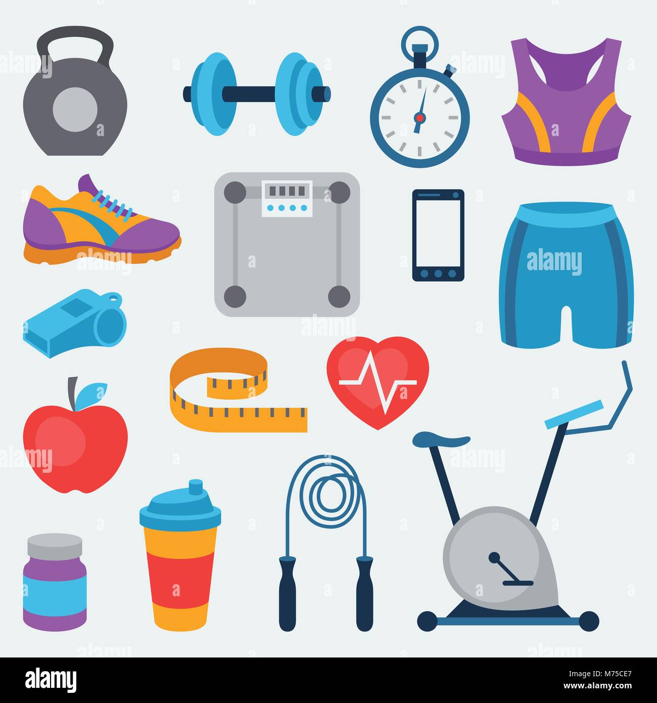 Sports and fitness icons set in flat style Stock Vector