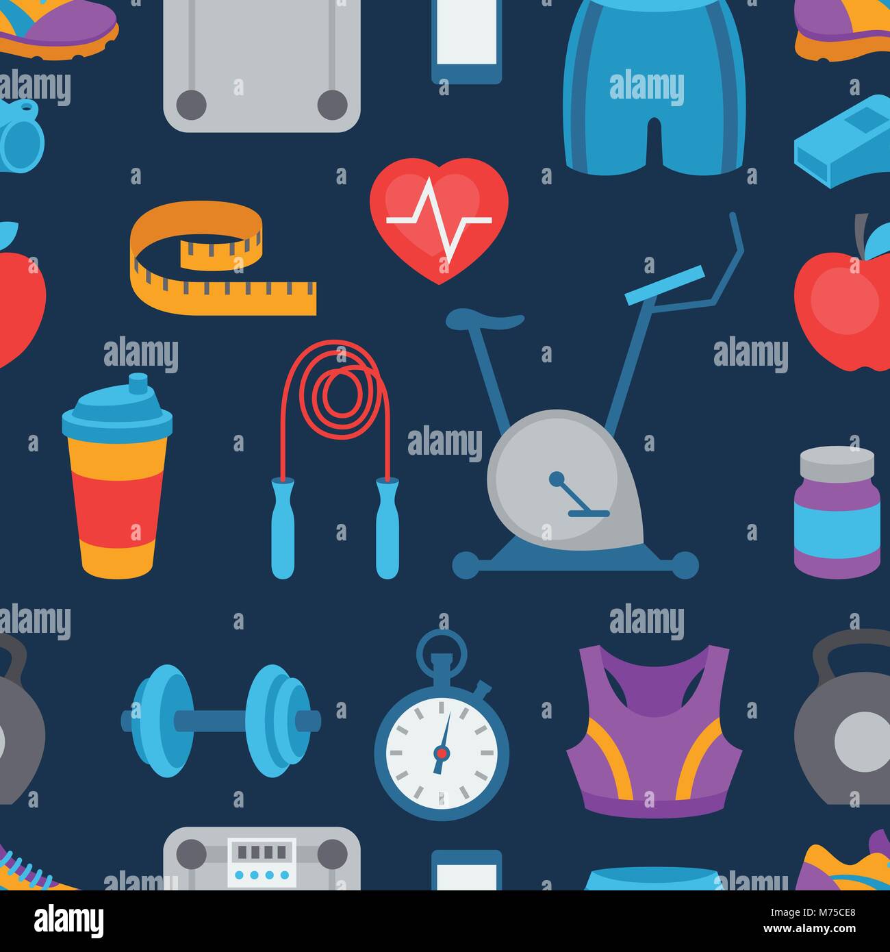 Sports seamless pattern with fitness icons in flat style Stock Vector ...