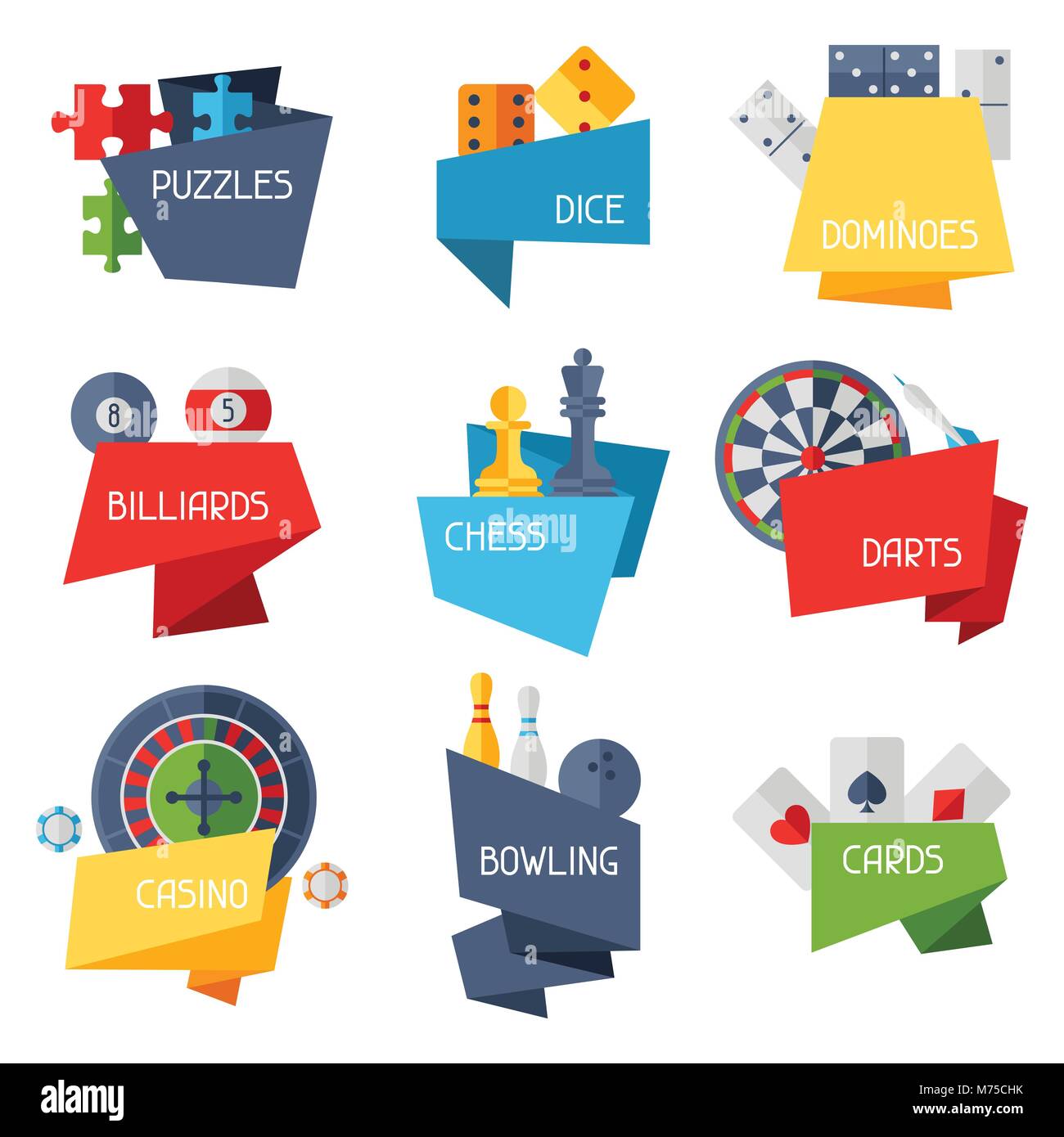 Labels with game icons in flat design style Stock Vector Image & Art Alamy