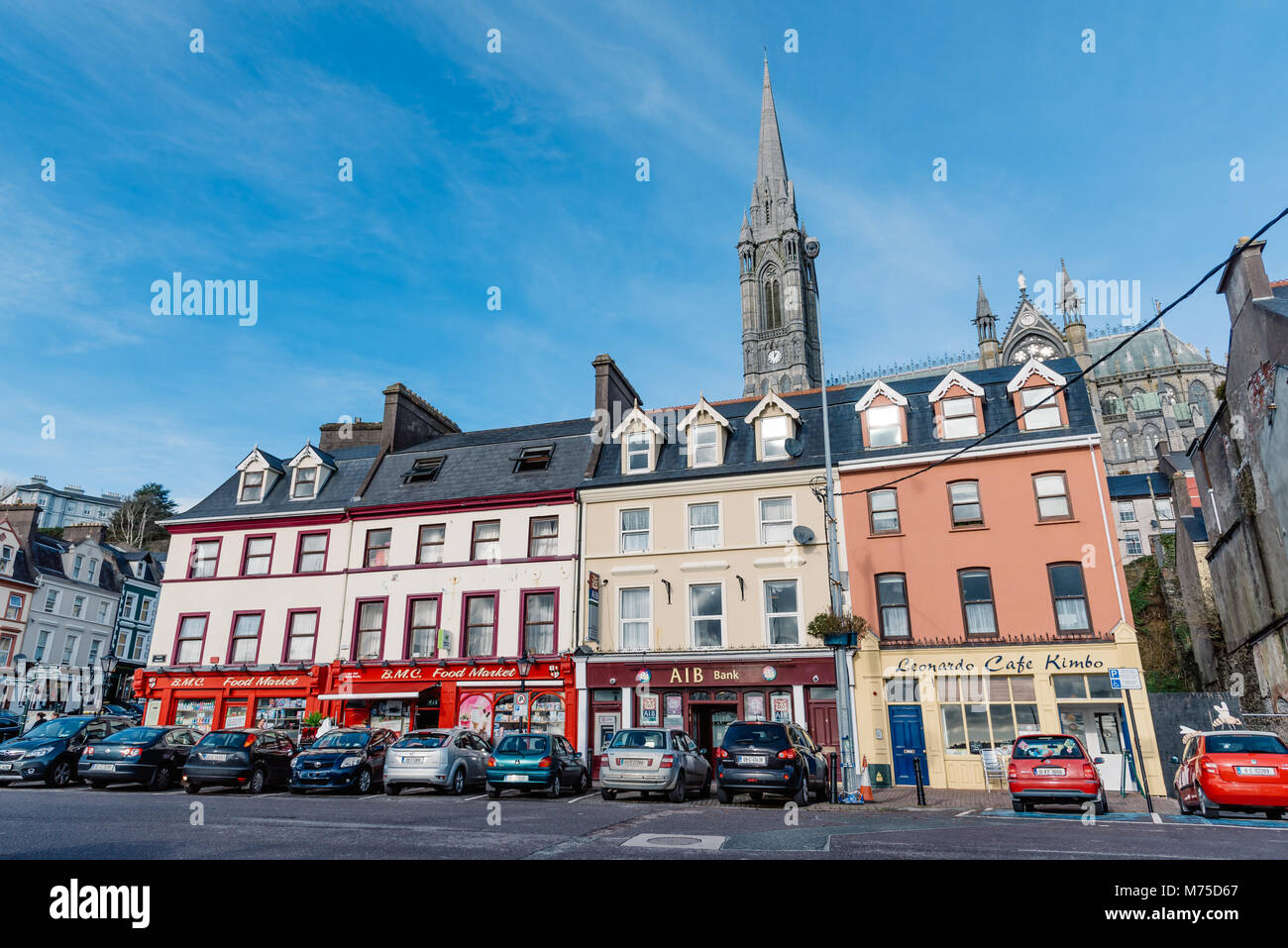 Cobh, Ireland - November 9, 2017: Picturesque view of promenade of small irish town with traditional shops Stock Photo