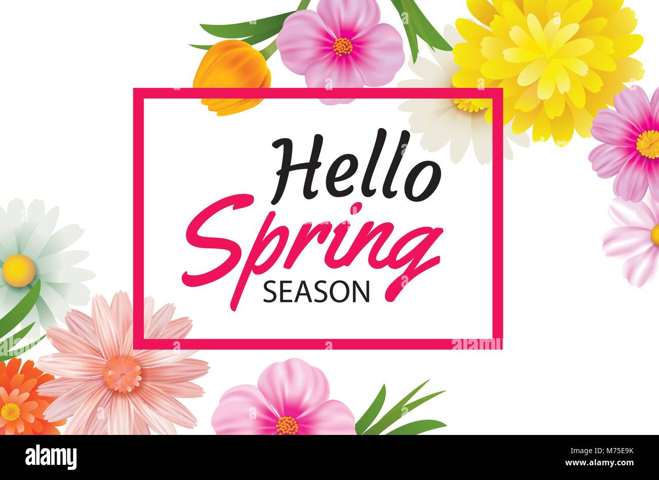 Hello spring banner template with colorful flower.Can be use voucher, wallpaper,flyers, invitation, posters, brochure, coupon discount. Stock Vector