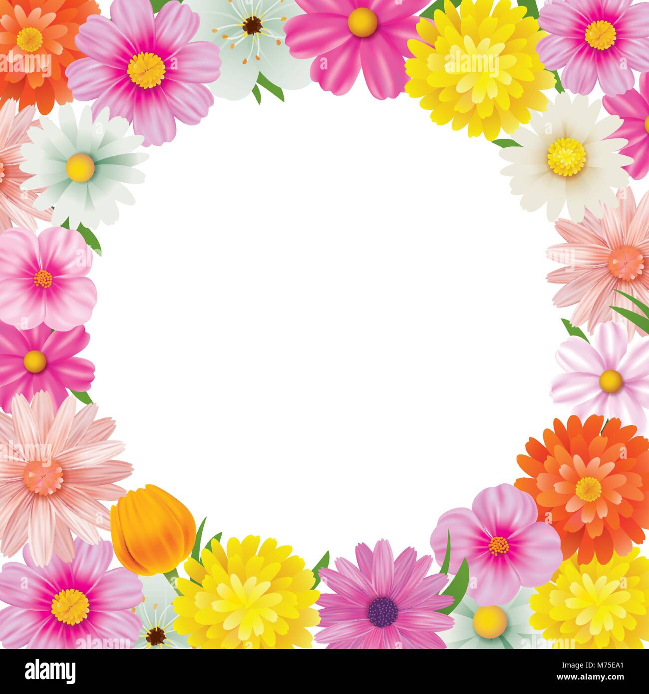 Hello spring circle frame greeting card and flowers decoration Stock ...