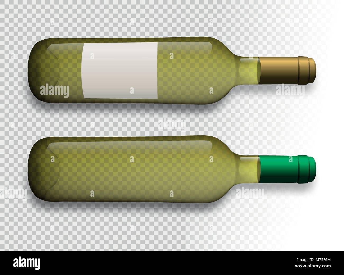 Illustration of white wine bottles with transparent background. Wine bottles with shadow. Wine bottle with label. Vector drawing isolated. Model for y Stock Vector