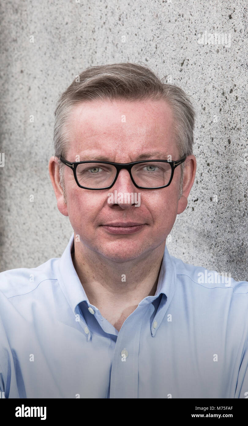British Conservative Party Member of Parliament Michael Gove looking relaxed and wearing glasses Stock Photo