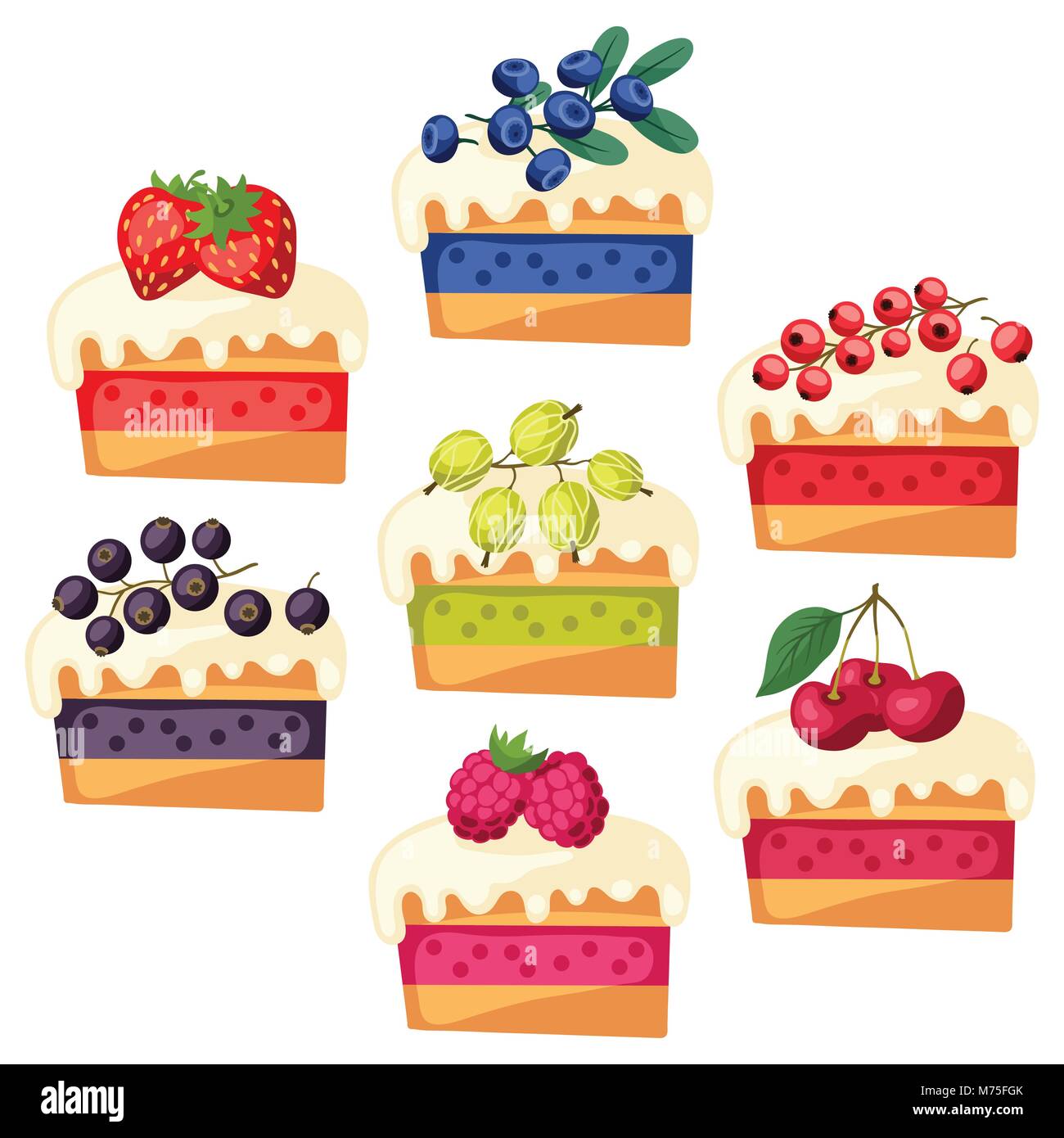 Set of cakes with various filling. Stock Vector