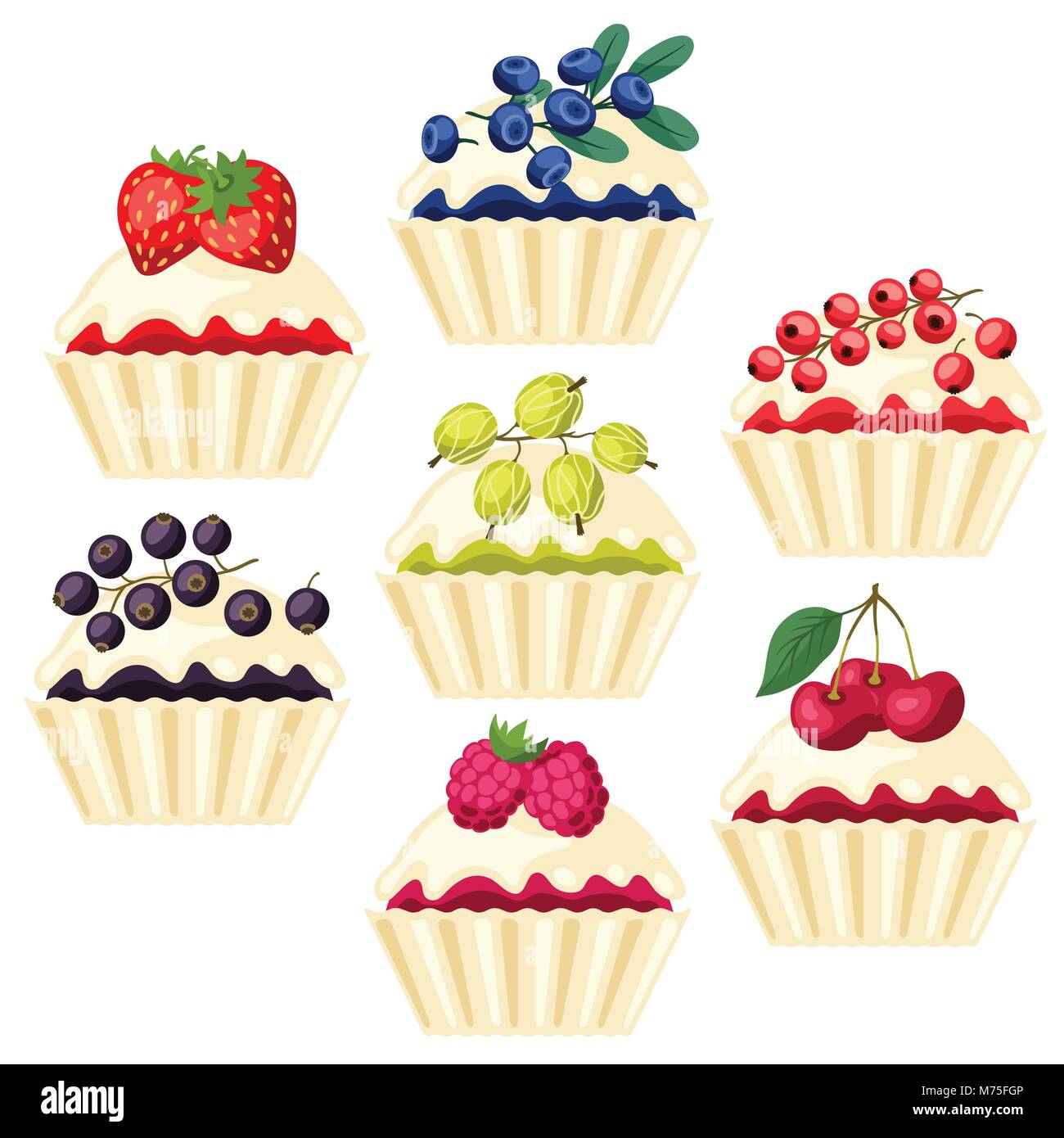Set of cupcakes with various filling. Stock Vector