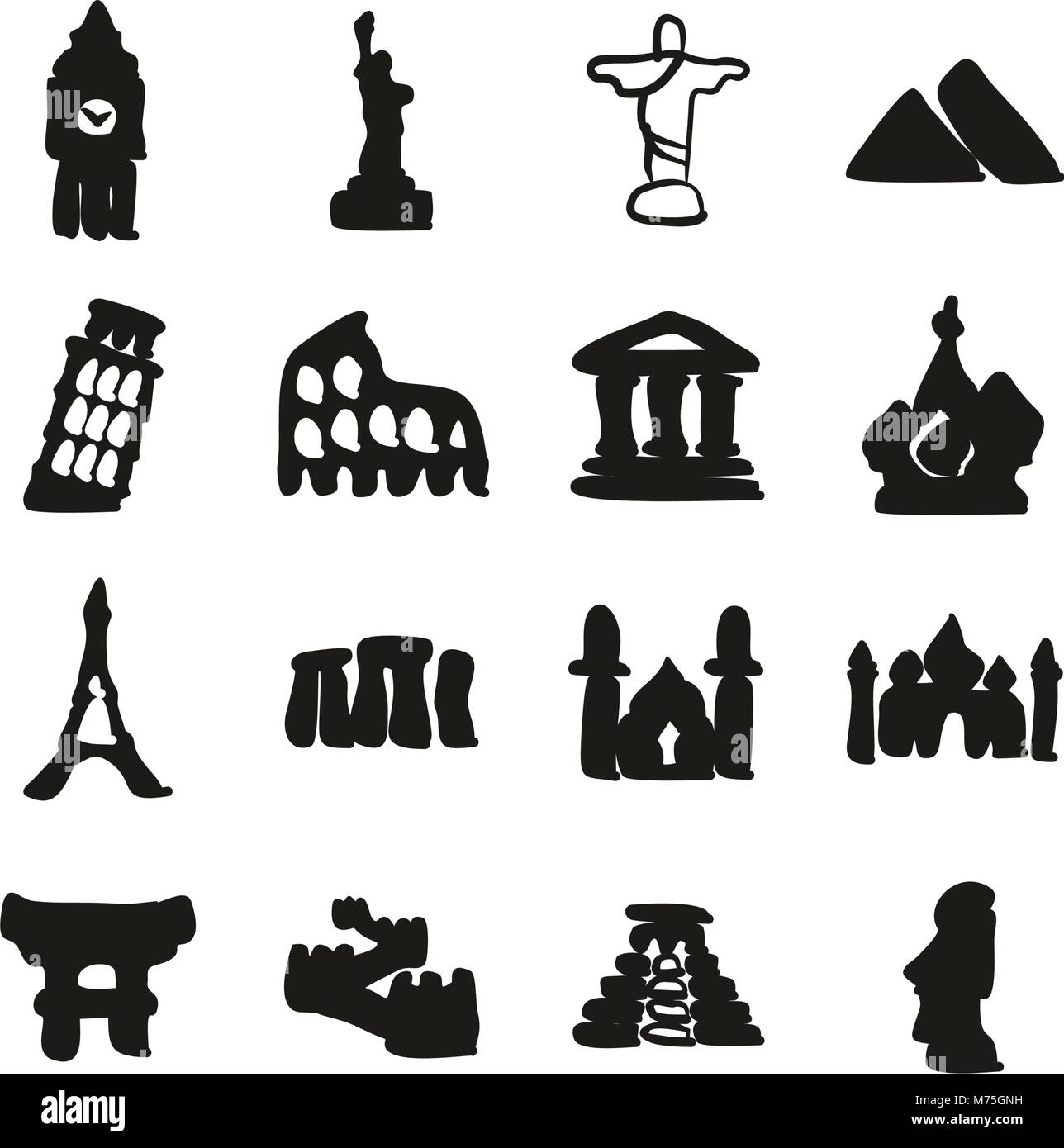 Landmarks Of The World Icons Freehand Fill Stock Vector