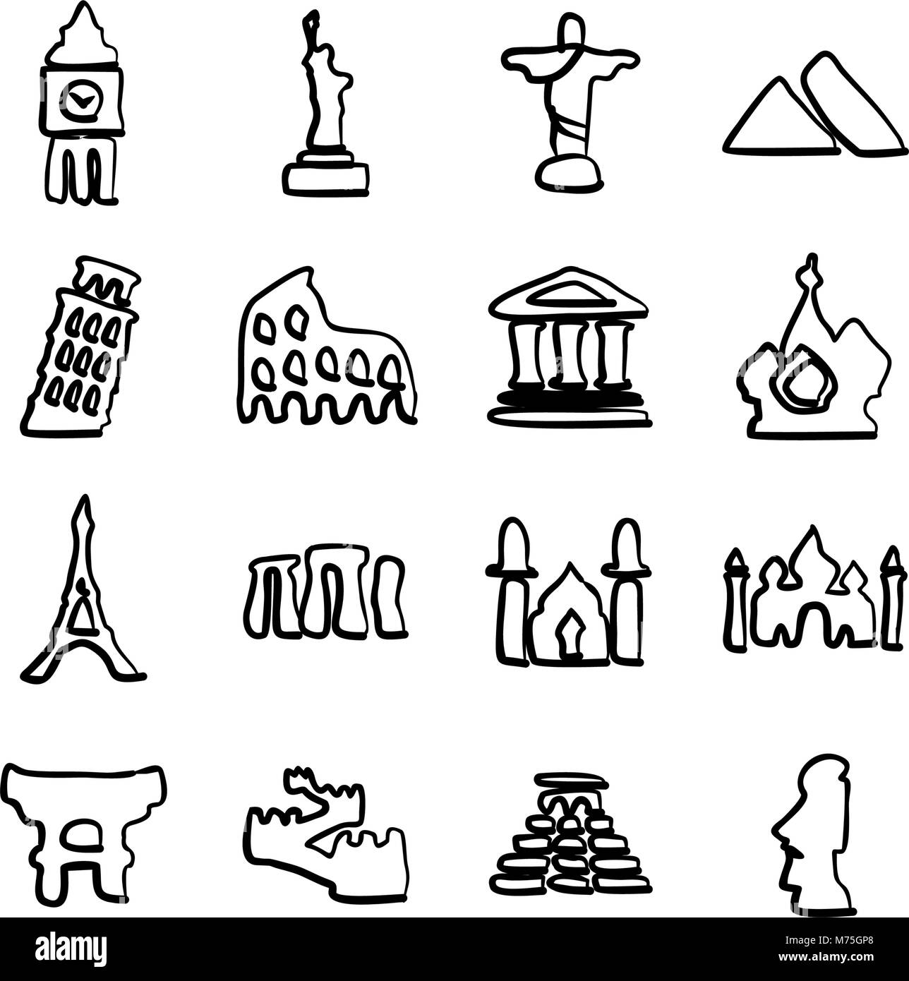 Landmarks Of The World Icons Freehand Stock Vector