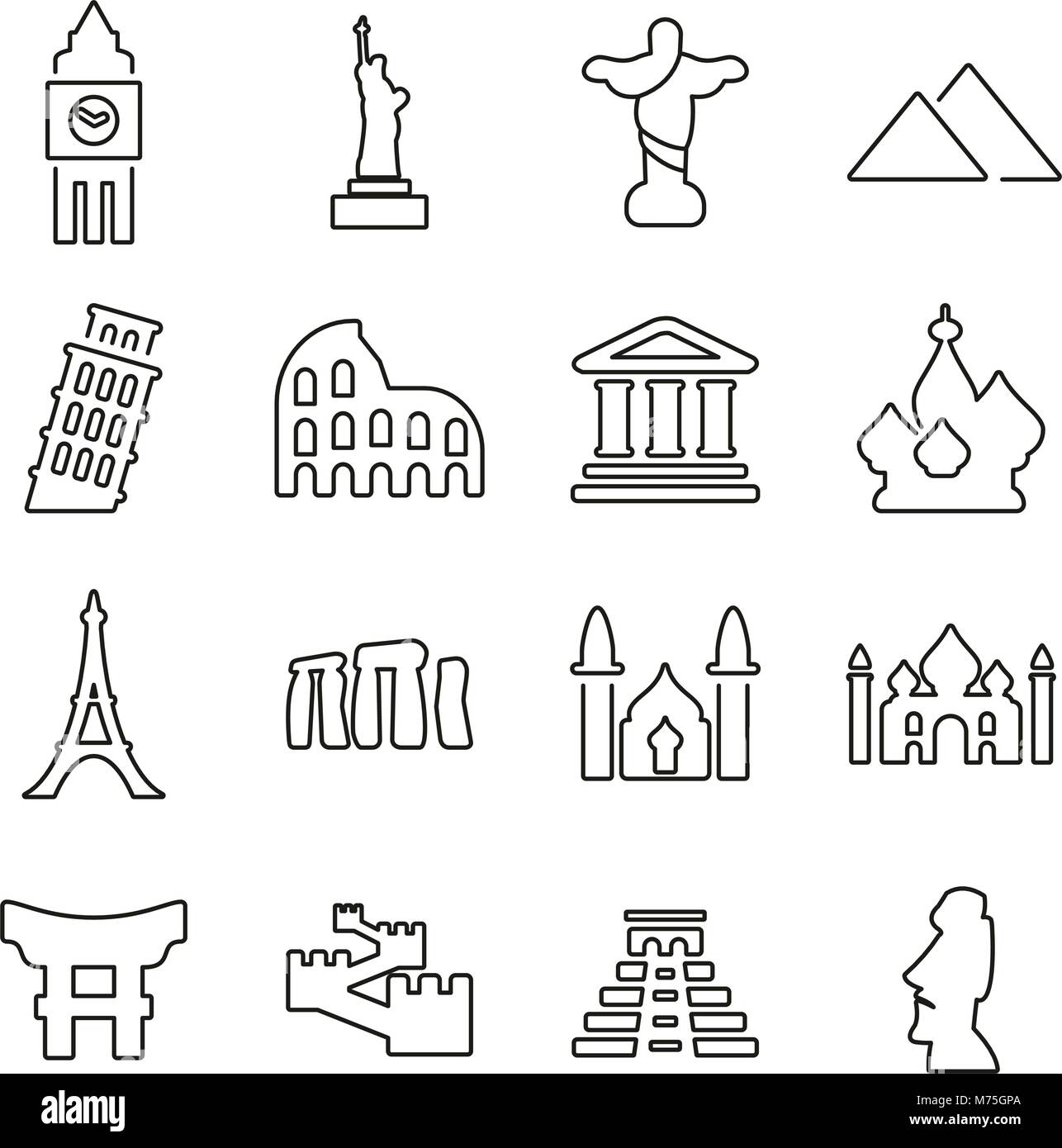 Landmarks Of The World Icons Thin Line Vector Illustration Set Stock Vector