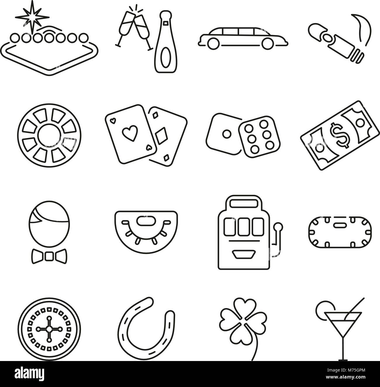 Las Vegas City & Culture or Gambling Icons Thin Line Vector Illustration Set Stock Vector
