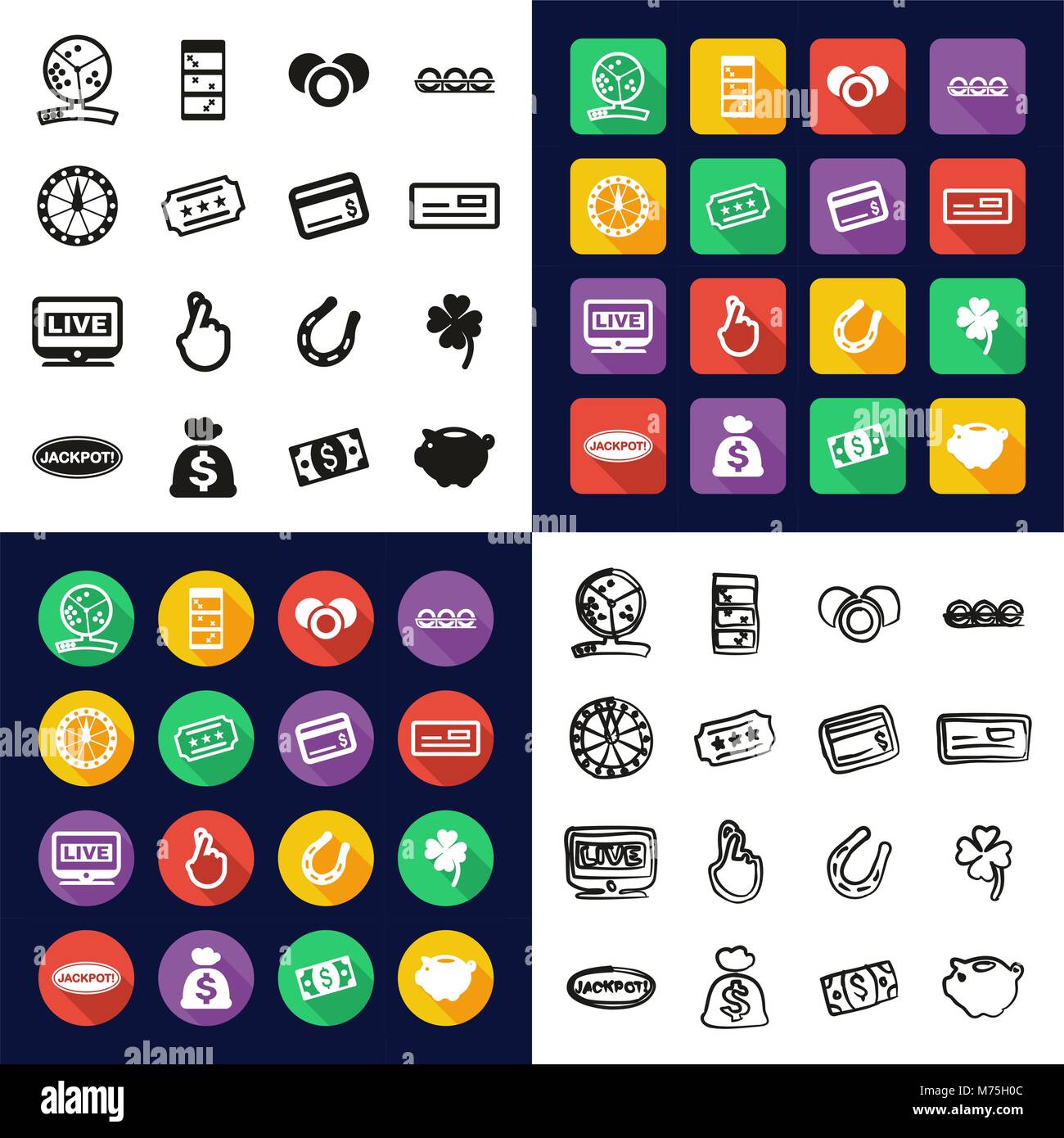 Lottery All in One Icons Black & White Color Flat Design Freehand Set Stock Vector