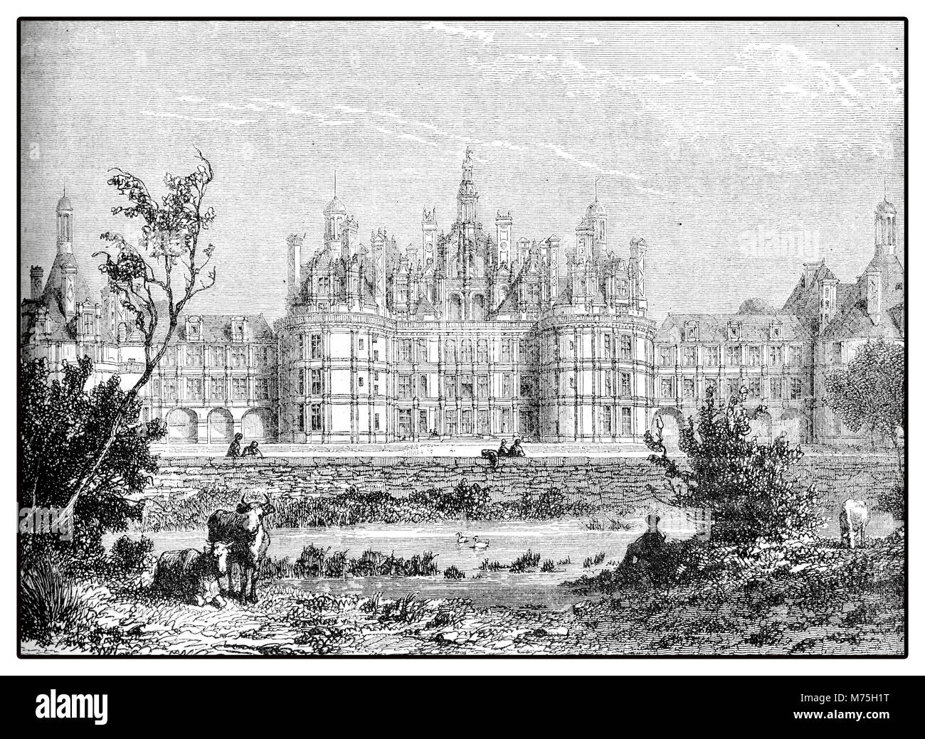 Vintage engraving of Château de Chambord at Chambord Loir-et-Cher, France.  Built in XVI century is one of the most recognizable châteaux in its very  distinctive French Renaissance architecture Stock Photo - Alamy