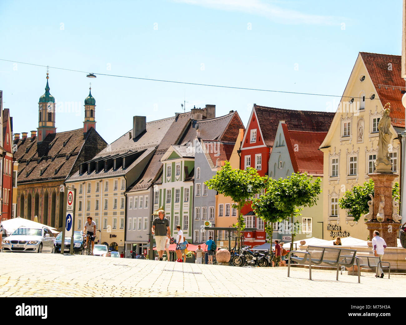 At Landsberg am Lech - Germany - On 08/0872016 - Market square of Landsberg am Lech with the town hall; Bavaria, Germany Stock Photo