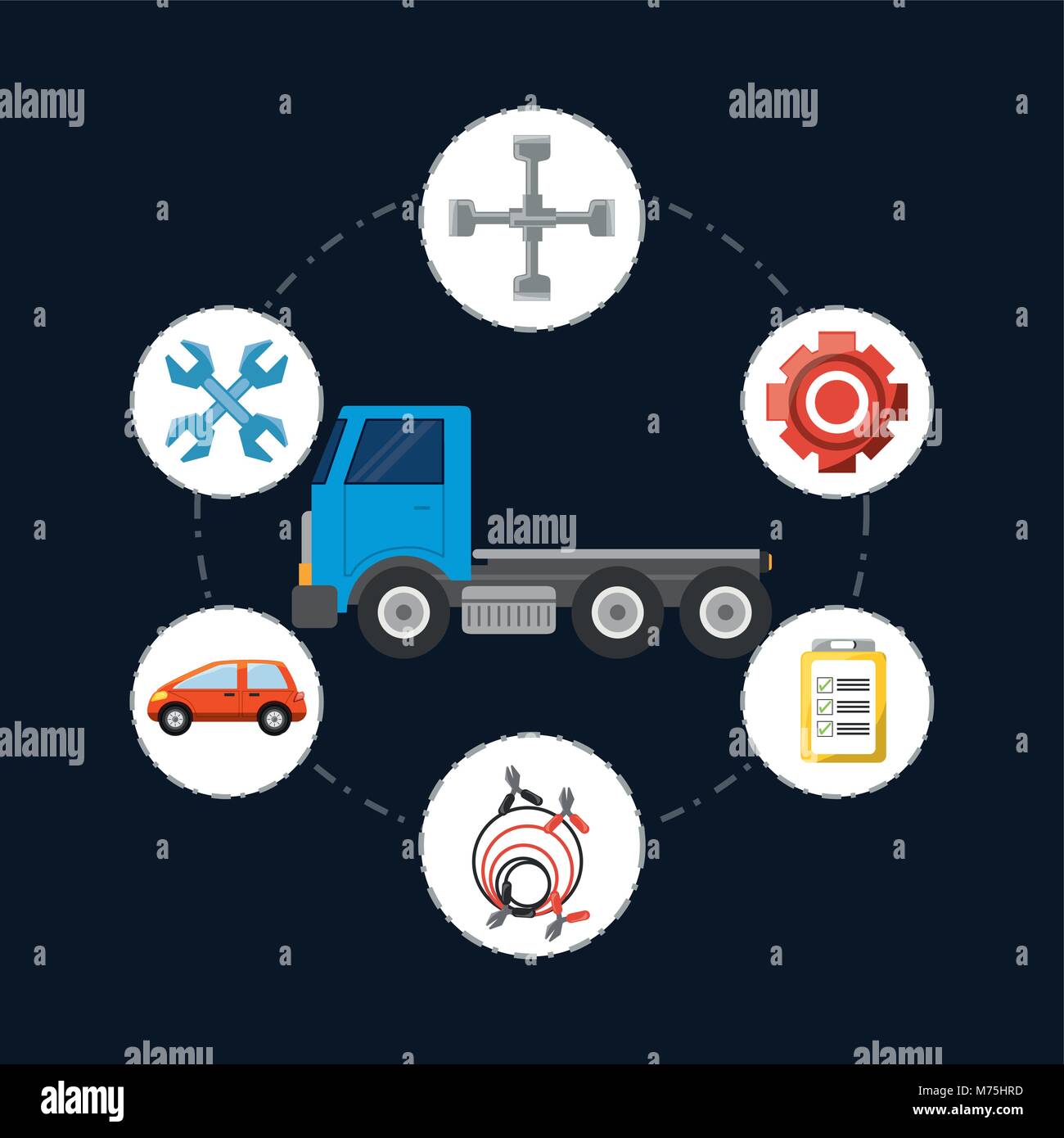 tow truck with mechanic tools around over black background, colorful