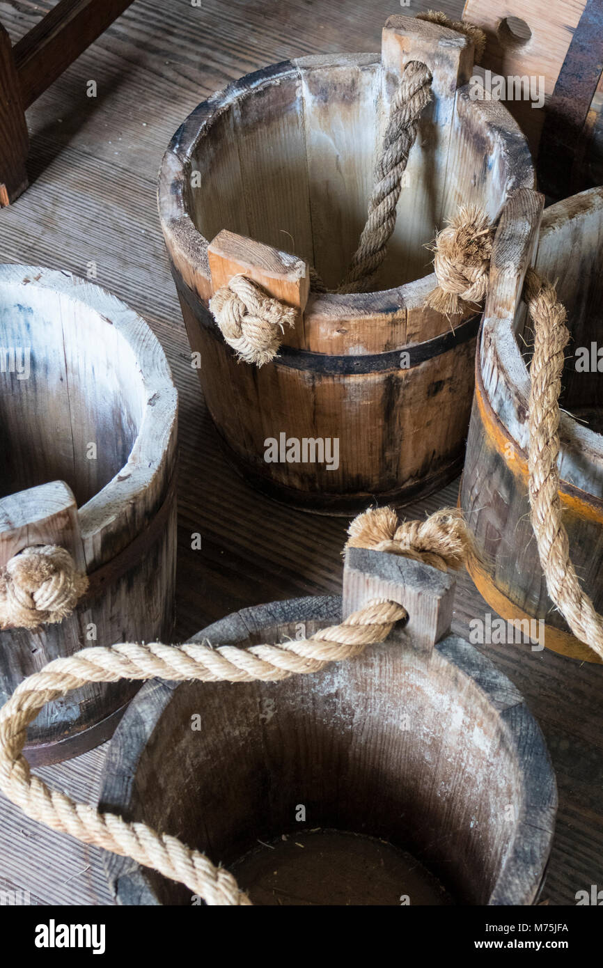 Handmade wooden buckets on display in historical Williamsburg Stock Photo Alamy