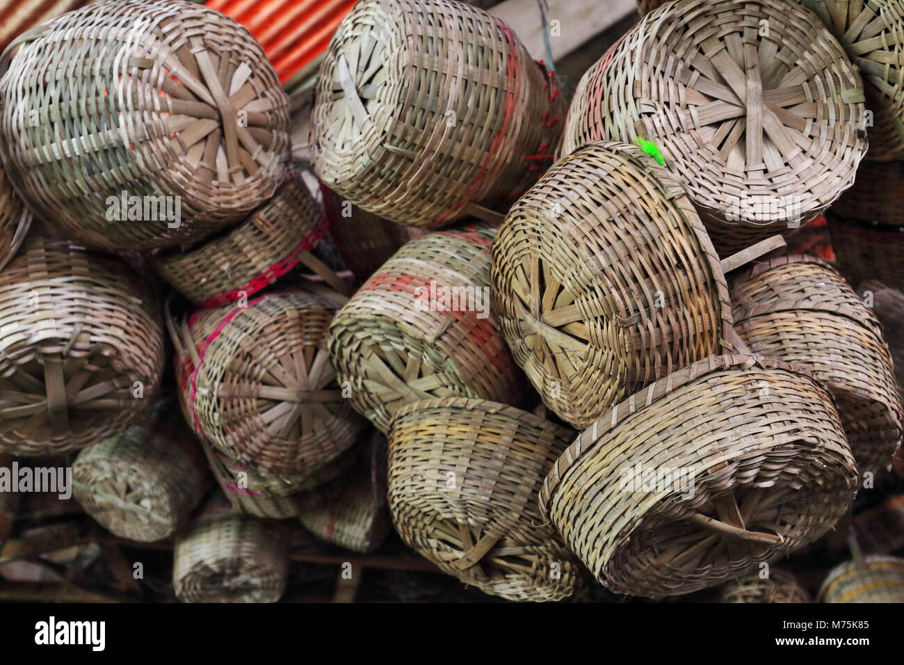 Both useful and decorative artisanal baskets made of woven bamboo fiber