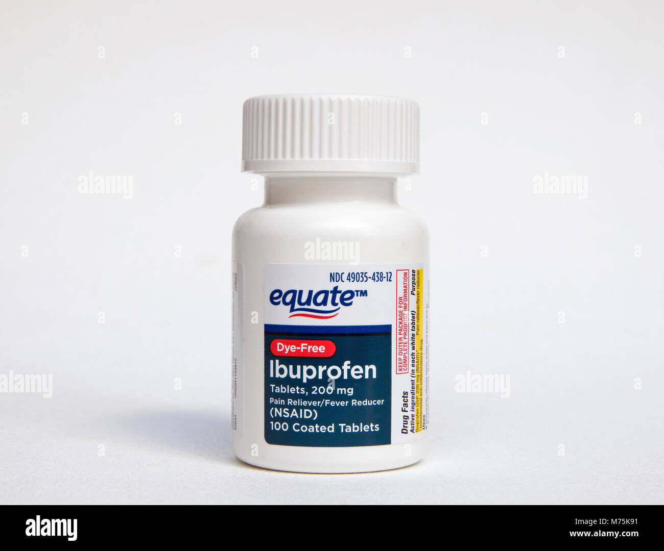 Bottle of Equate, generic Ibuprofen, (dye-free) which is used to reduce inflammation and pain in the body and head. Stock Photo