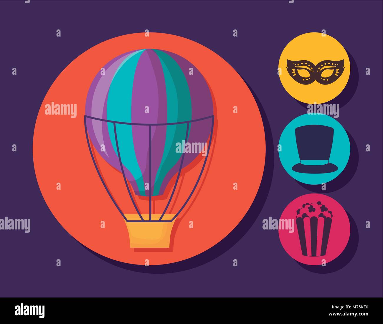 hot air balloon and related icons over colorful circles and purple ...