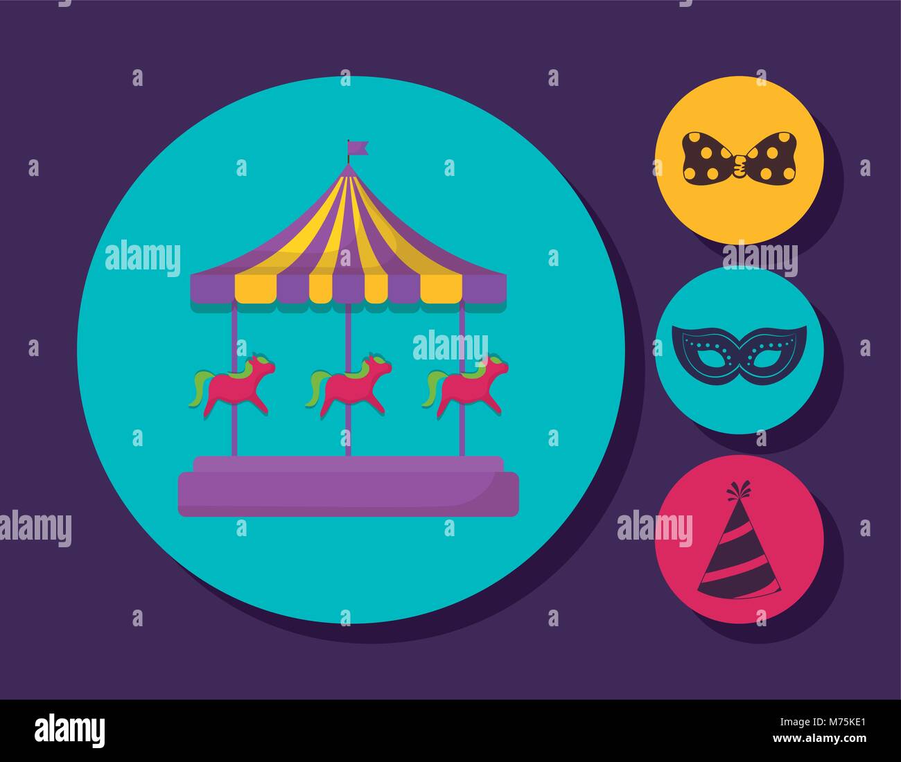 carousel and related icons over colorful circles and purple background ...