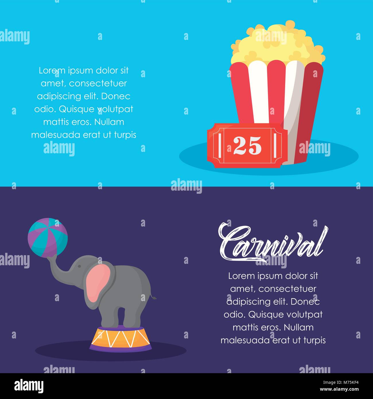 Infographic of carnival circus with pop corn and elephant over colorful