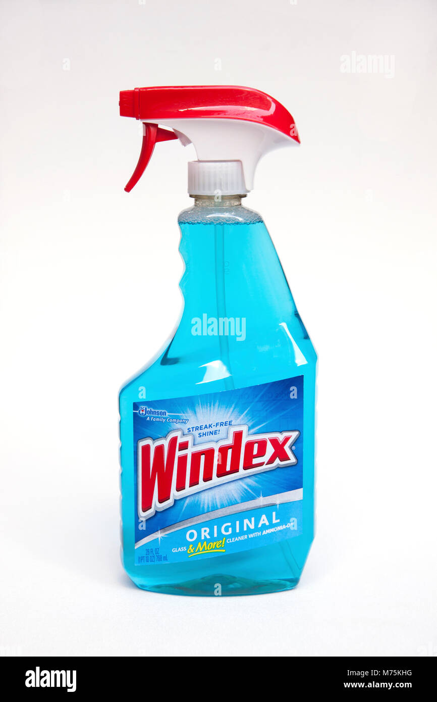 Plastic spray bottle of Windex, Original glass and window cleaner. Stock Photo