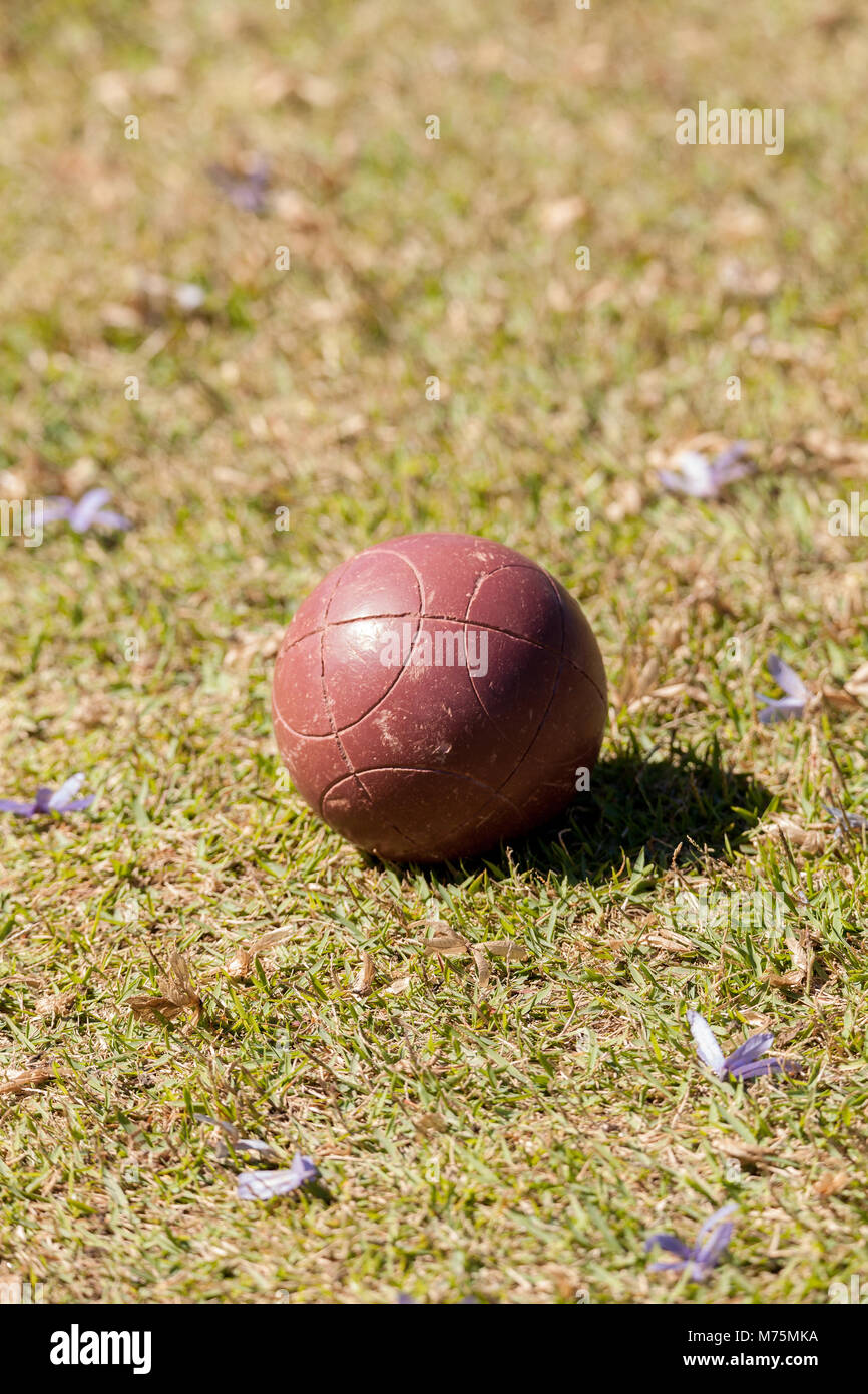 Bocce ball on the green grass of an open field ready for sport in