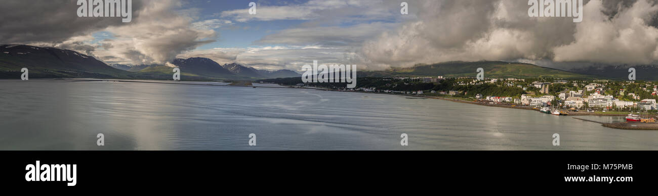 Panorama of fjord, town and airport at Ayureyri, Iceland Stock Photo